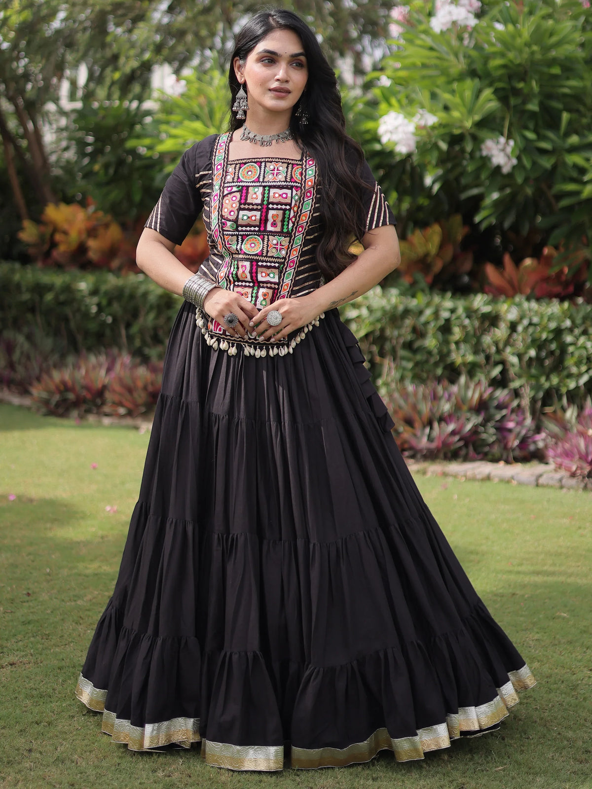 Wonderful Black Mirror Work Cotton Navratri Wear Lehenga Choli