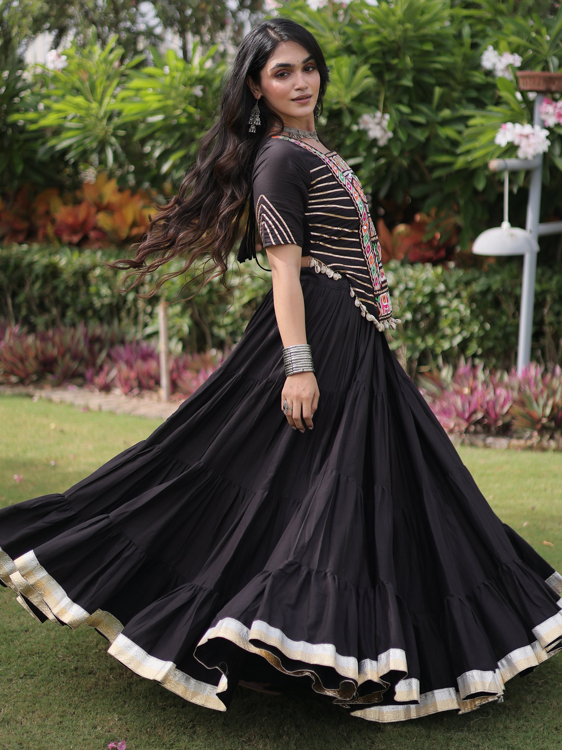 Wonderful Black Mirror Work Cotton Navratri Wear Lehenga Choli