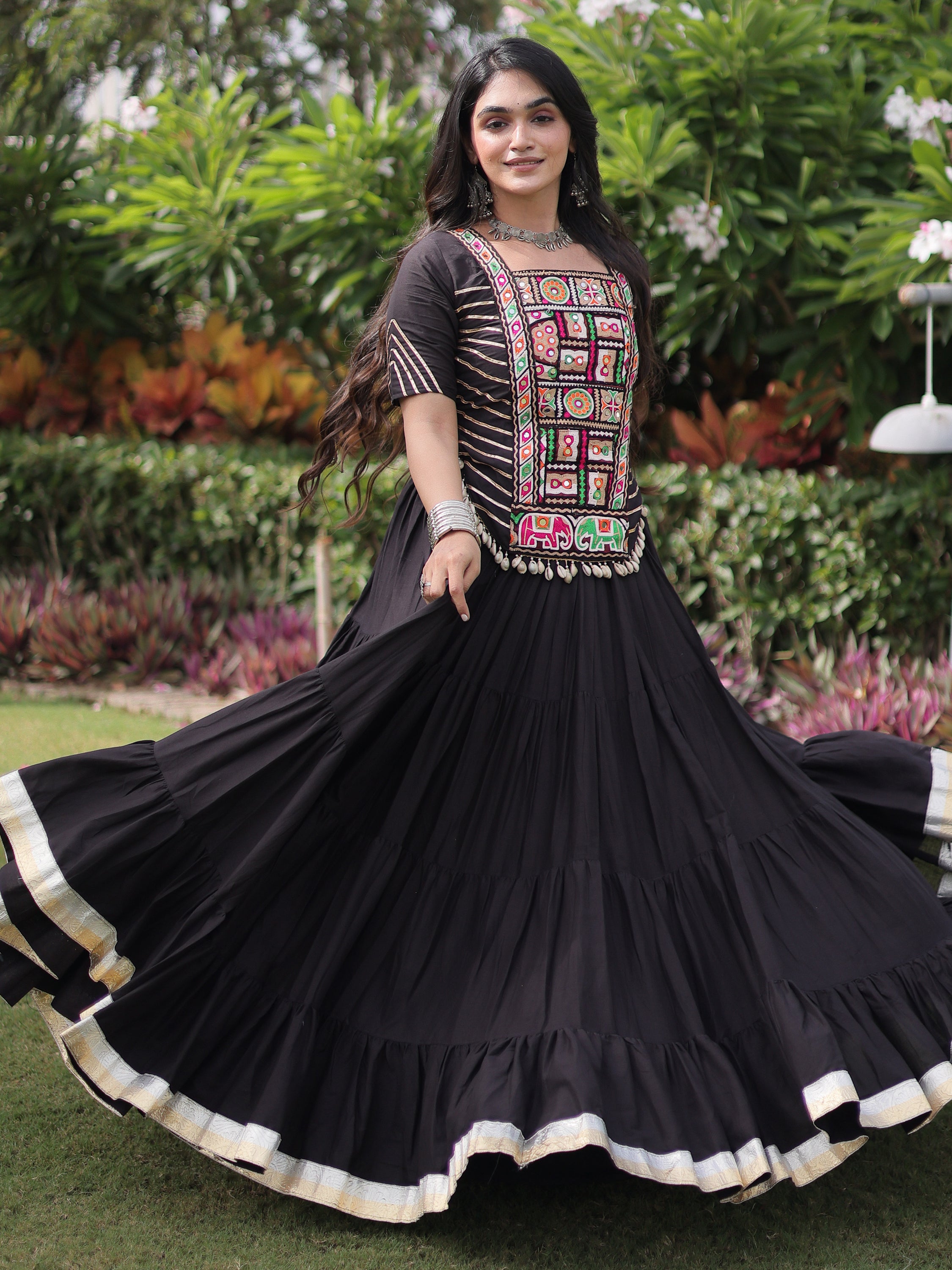 Wonderful Black Mirror Work Cotton Navratri Wear Lehenga Choli