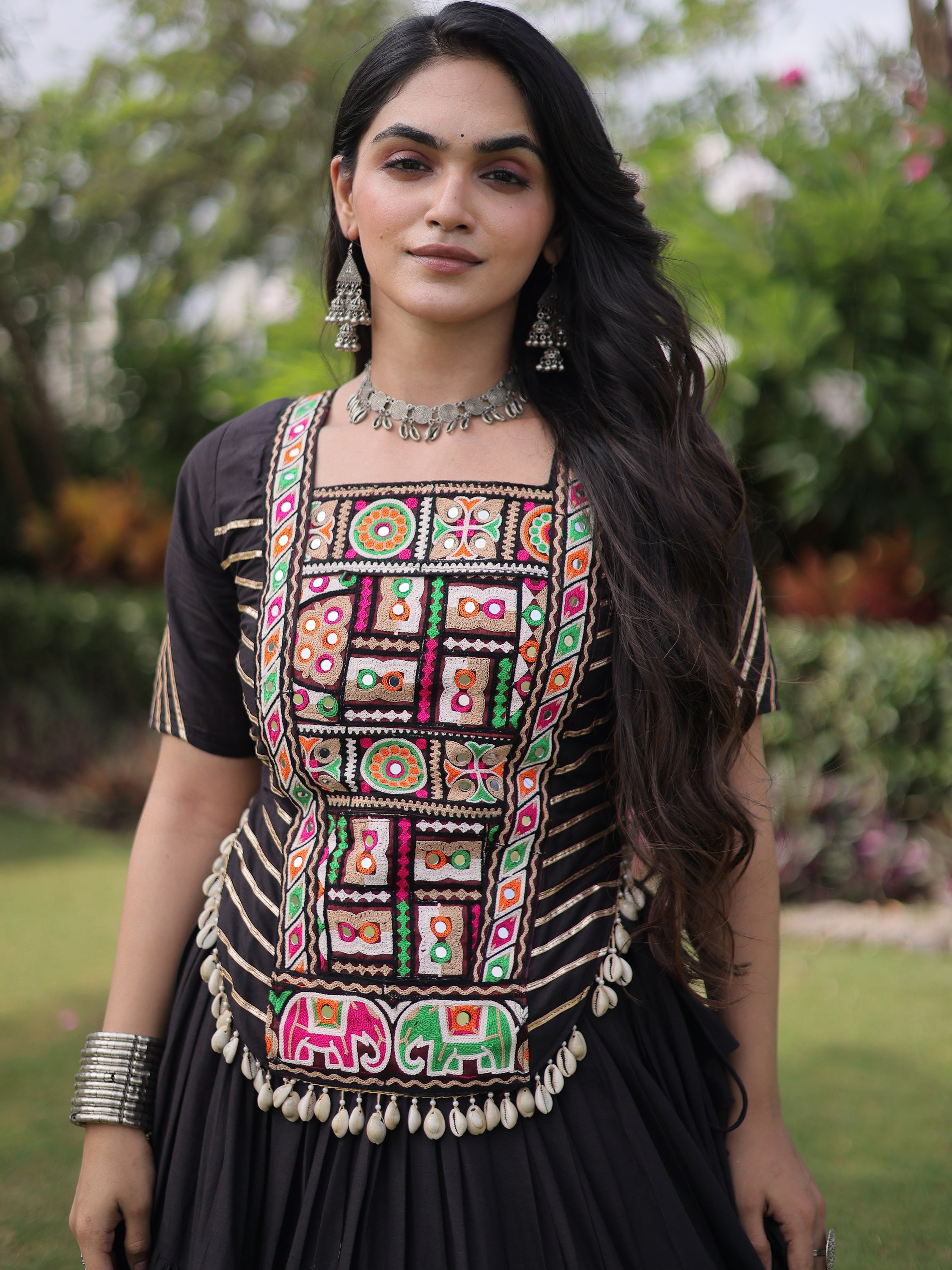 Wonderful Black Mirror Work Cotton Navratri Wear Lehenga Choli