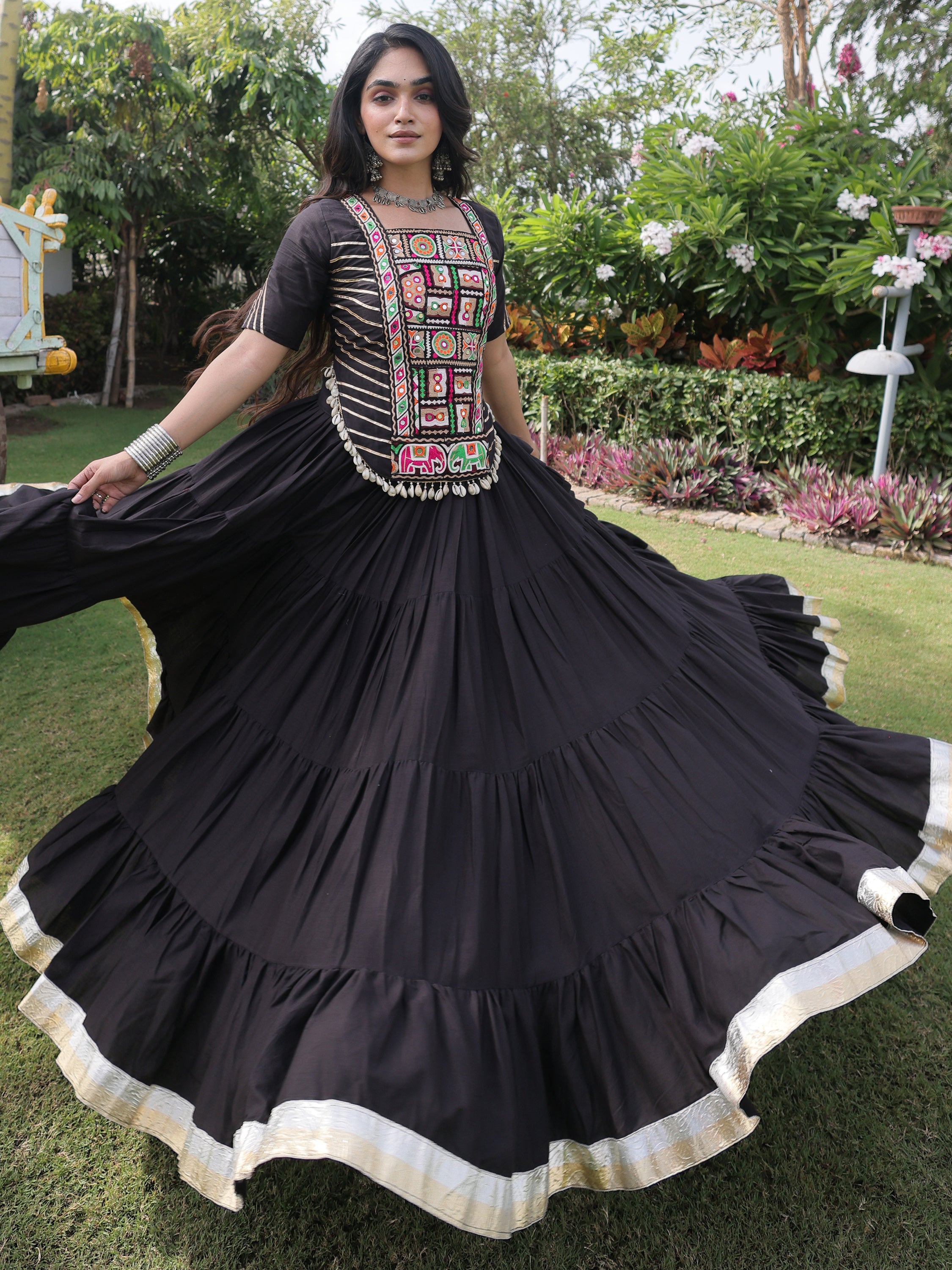 Wonderful Black Mirror Work Cotton Navratri Wear Lehenga Choli