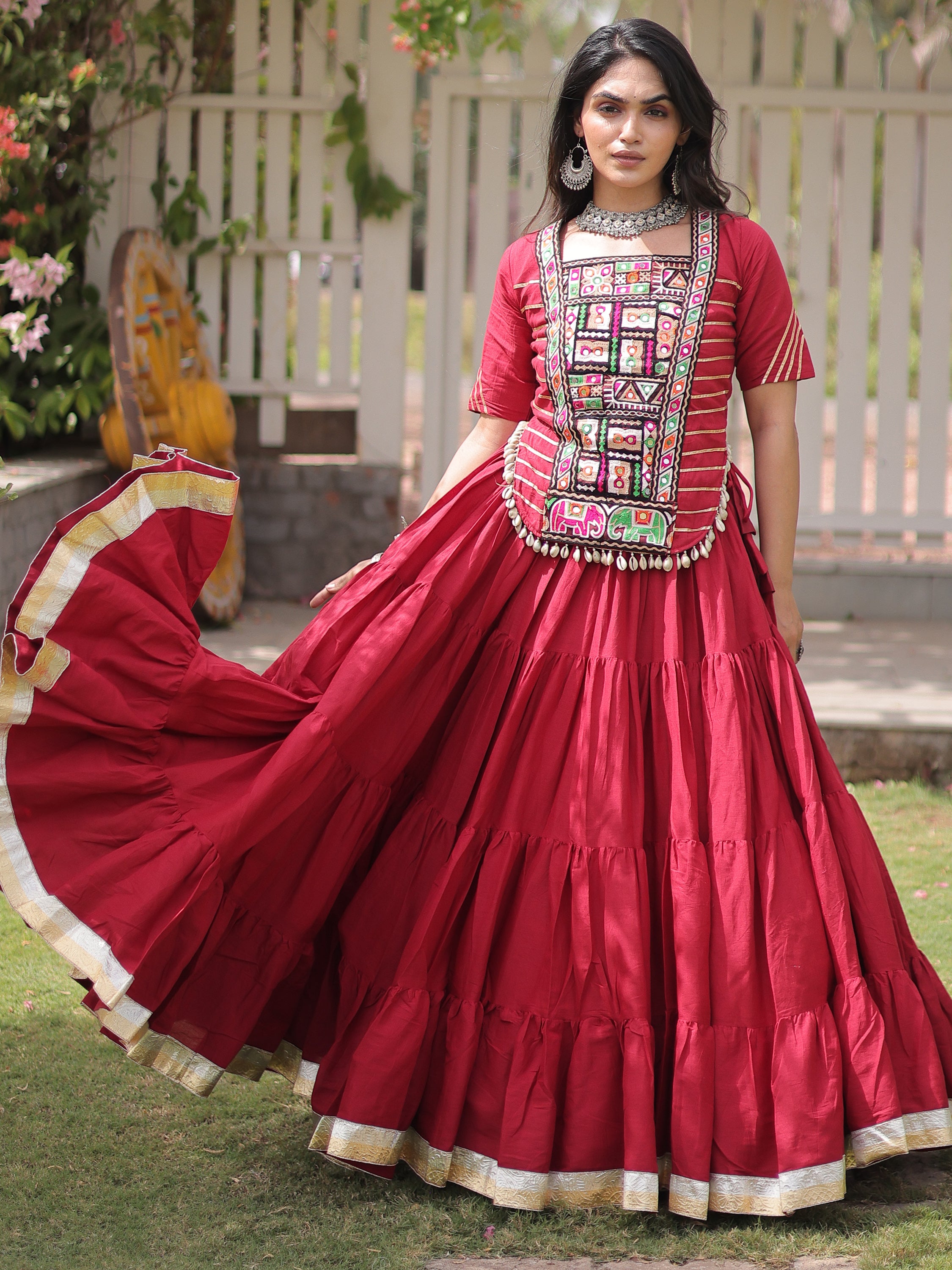 Attractive Red Patch Work Cotton Navratri Special Lehenga Choli