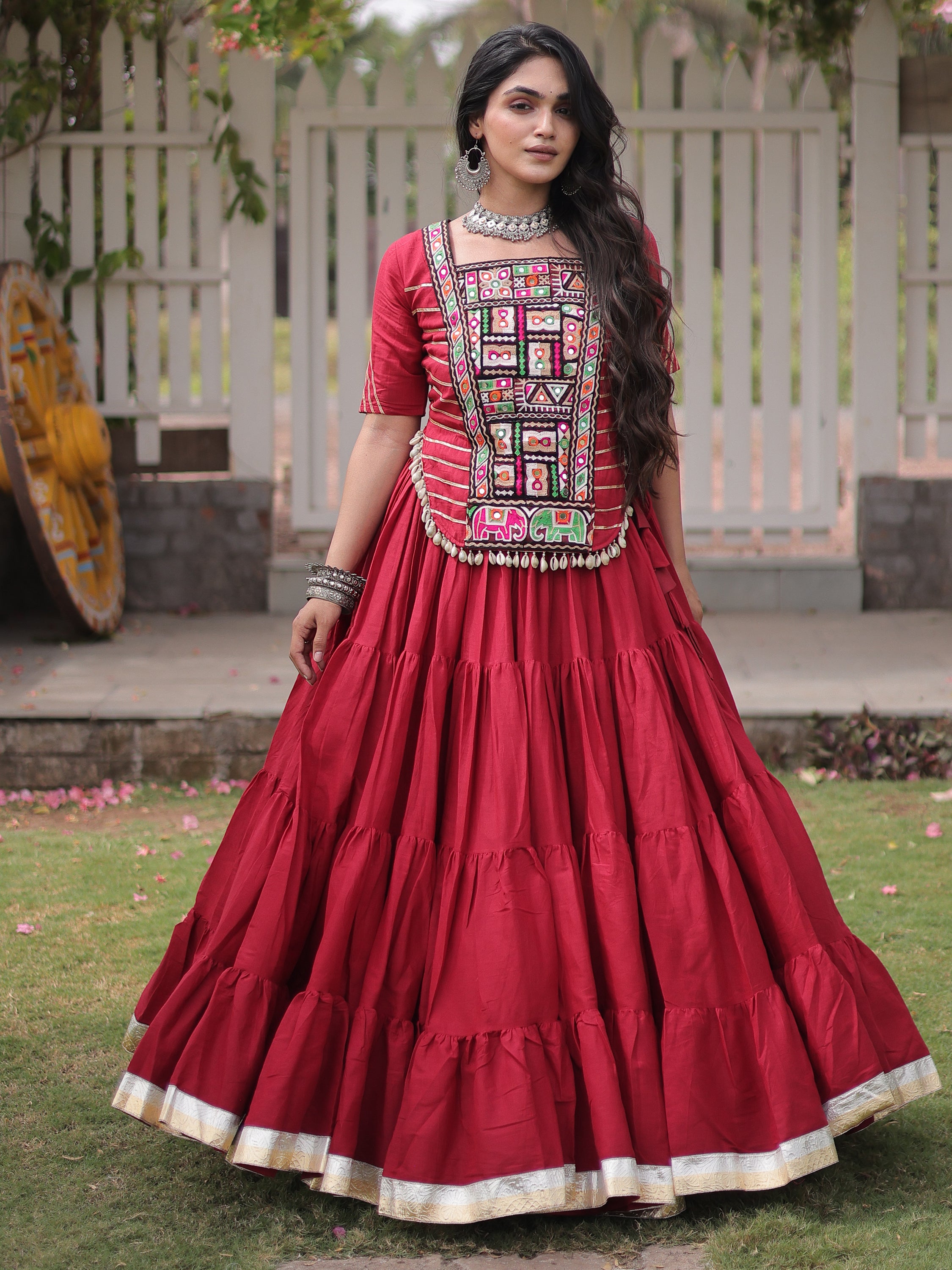 Attractive Red Patch Work Cotton Navratri Special Lehenga Choli