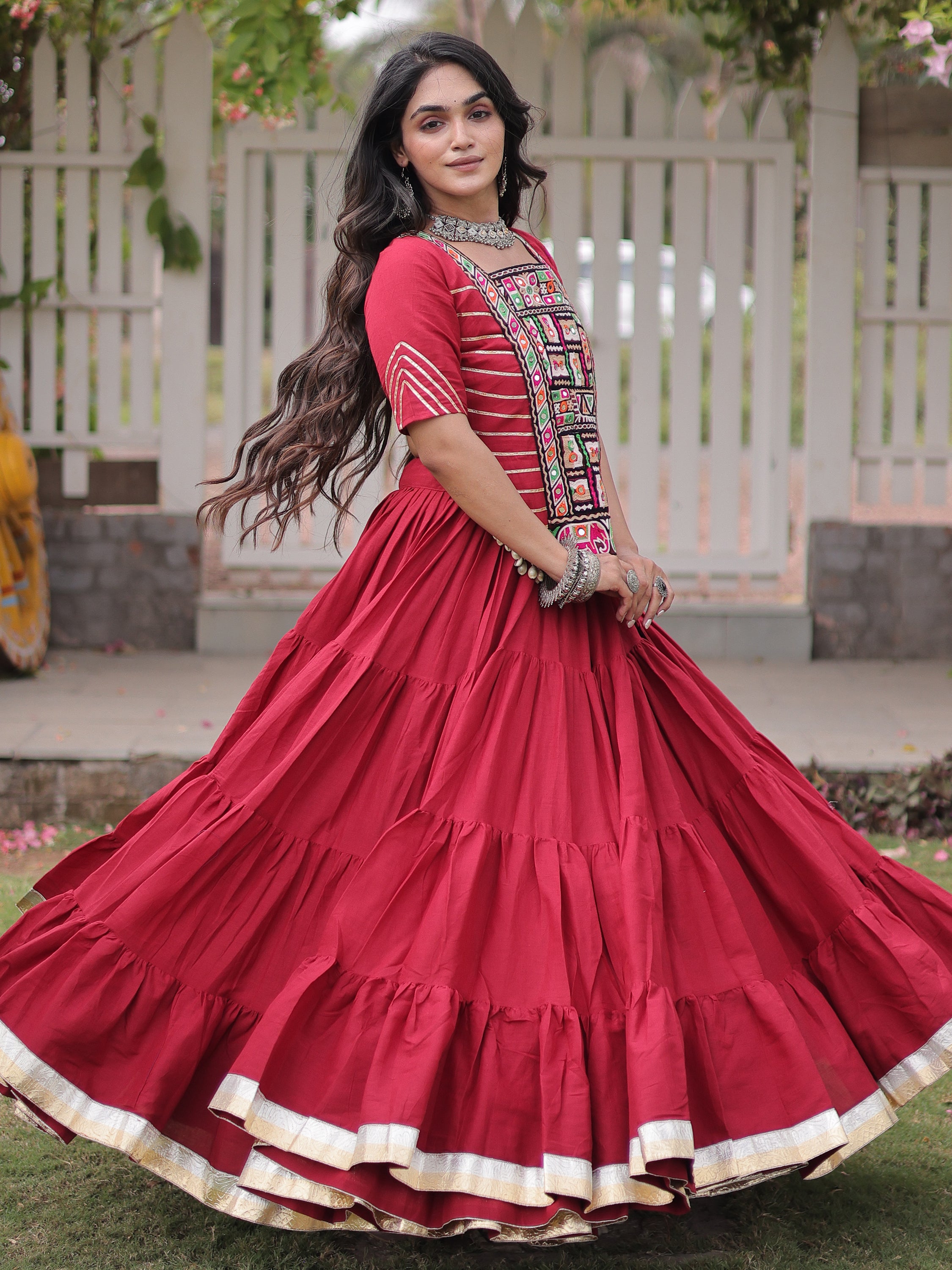 Attractive Red Patch Work Cotton Navratri Special Lehenga Choli