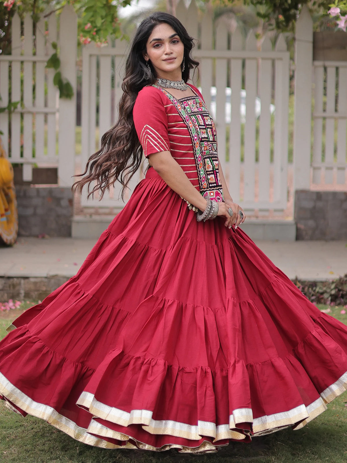 Attractive Red Patch Work Cotton Navratri Special Lehenga Choli