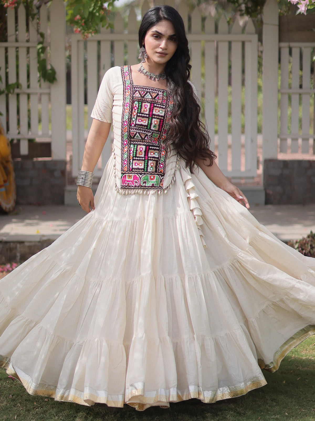 Gorgeous White Patch Work Cotton Navratri Special Lehenga Choli