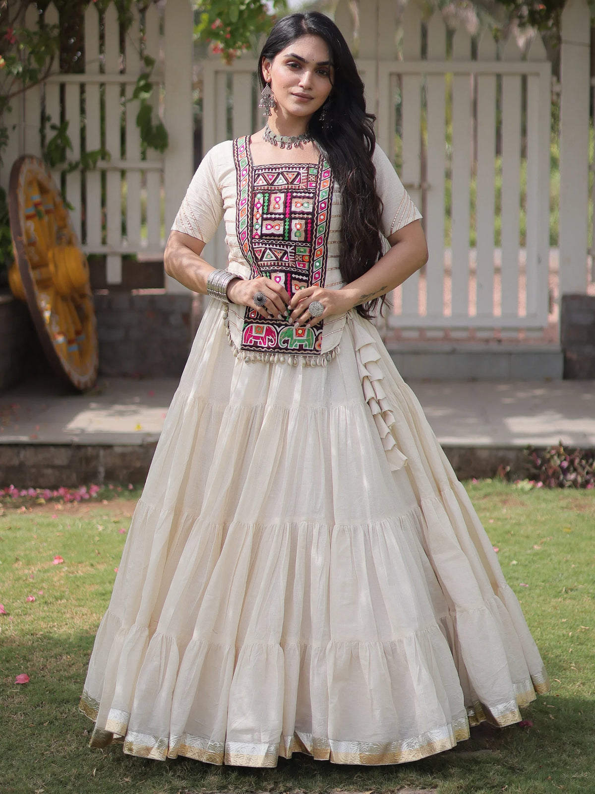 Gorgeous White Patch Work Cotton Navratri Special Lehenga Choli