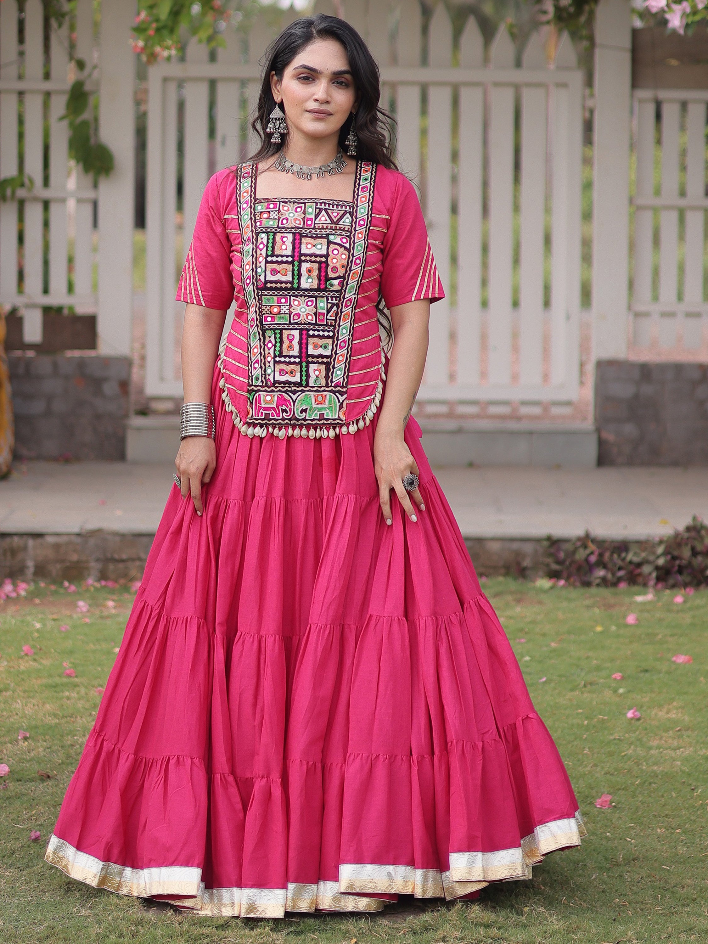 Stylish Rani Pink Kutchi Work Cotton Navratri Wear Lehenga Choli