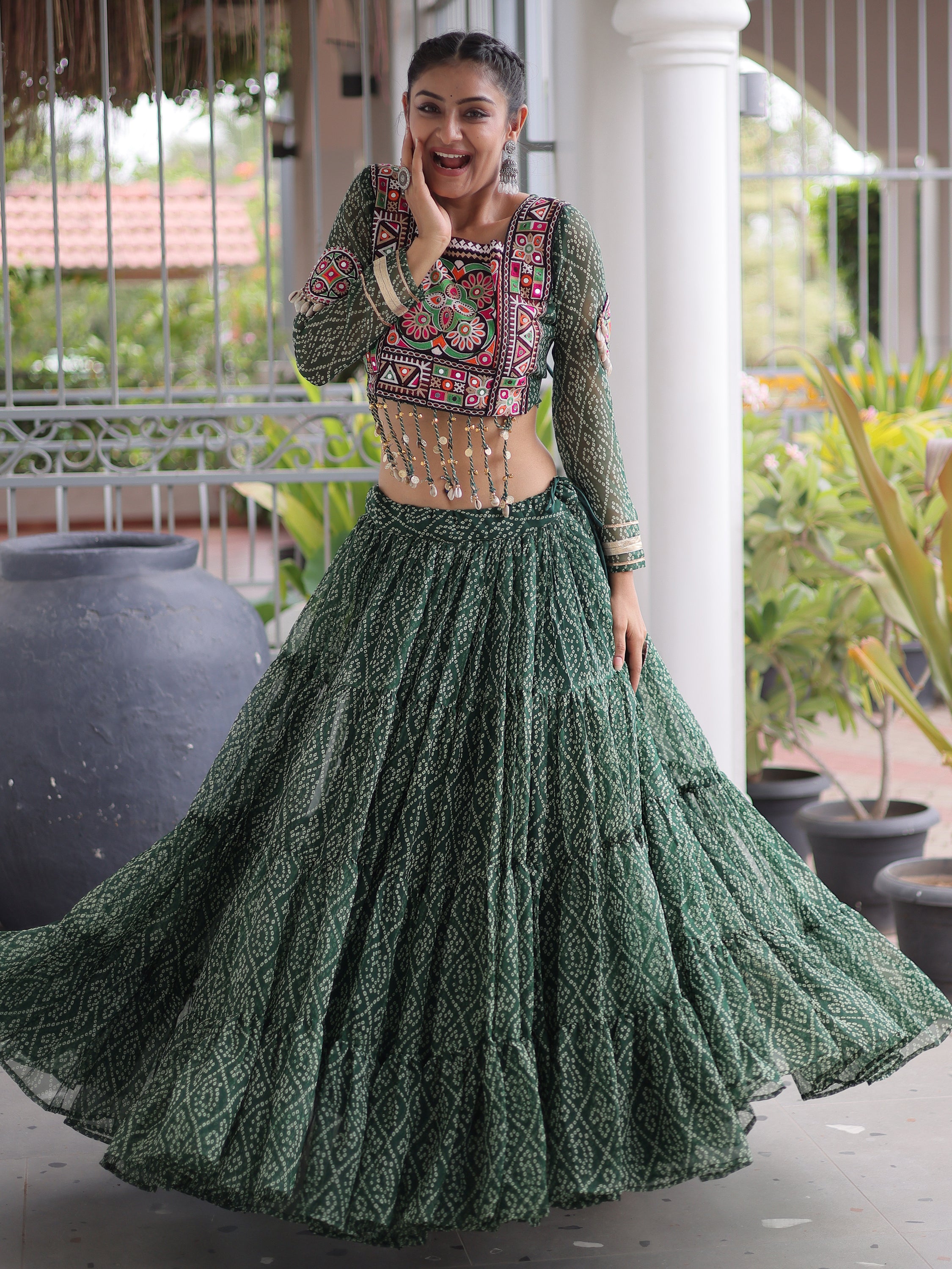 Superb Green Bandhani Printed Georgette Navratri Wear Lehenga Choli