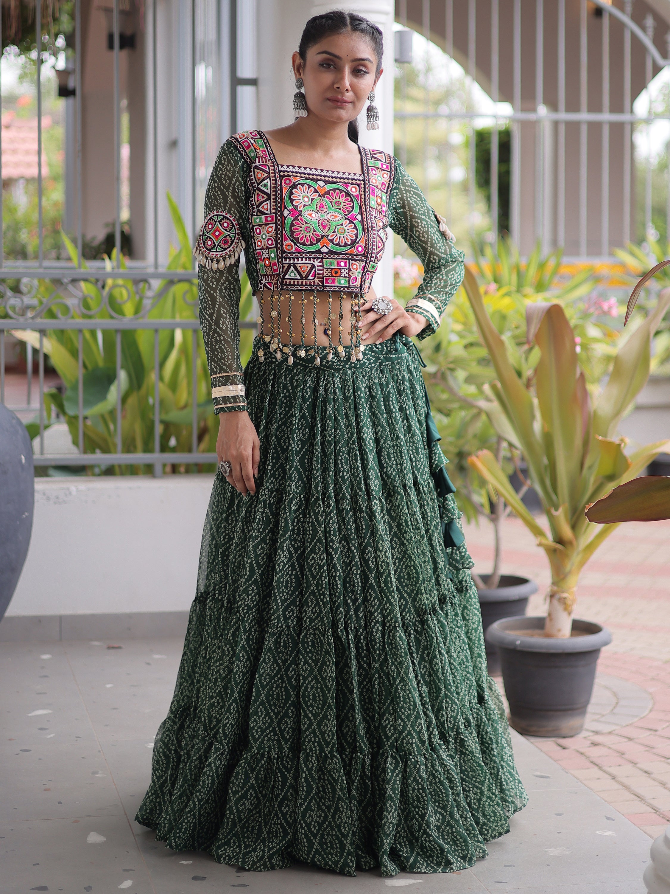 Superb Green Bandhani Printed Georgette Navratri Wear Lehenga Choli