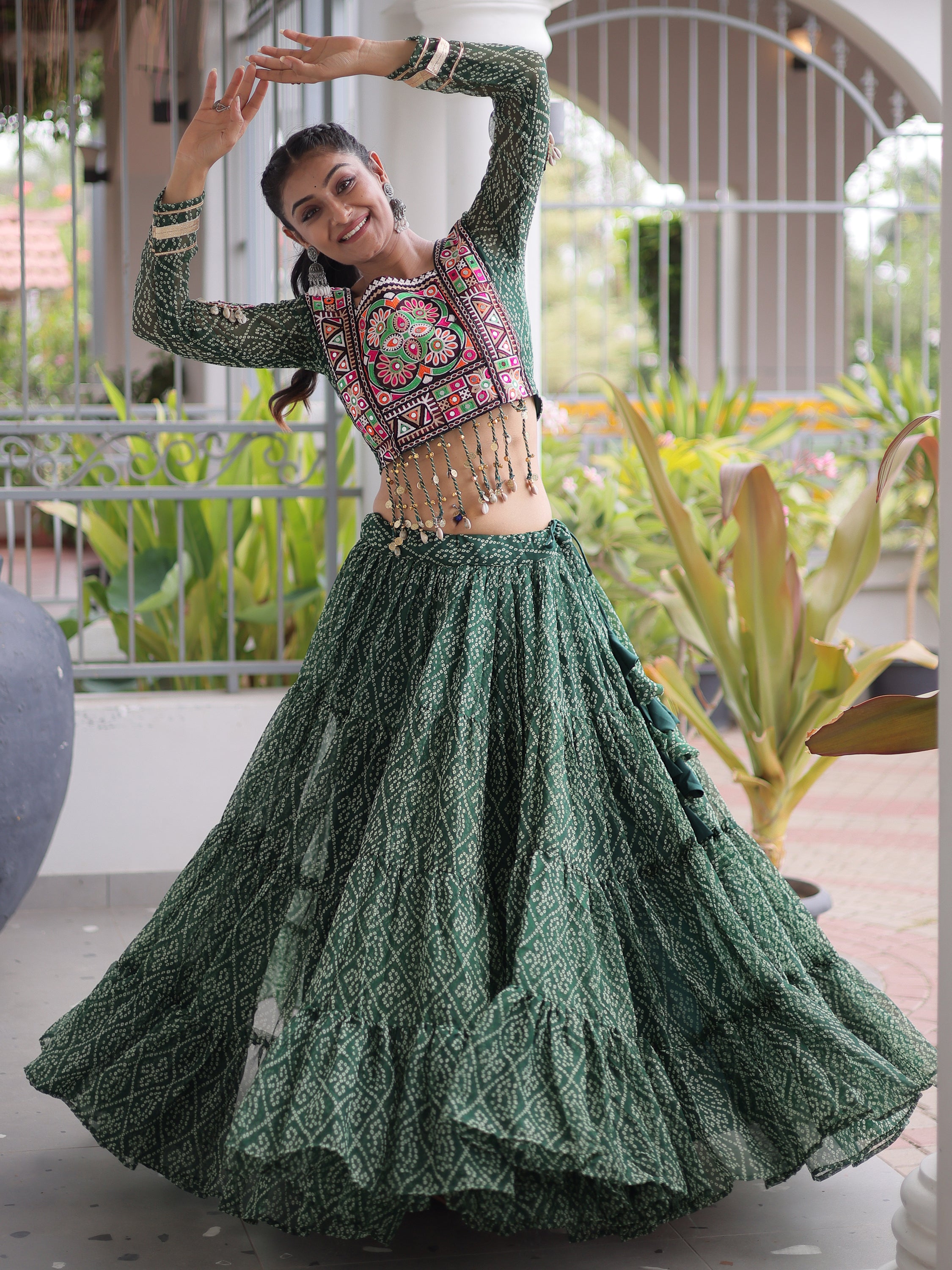 Superb Green Bandhani Printed Georgette Navratri Wear Lehenga Choli