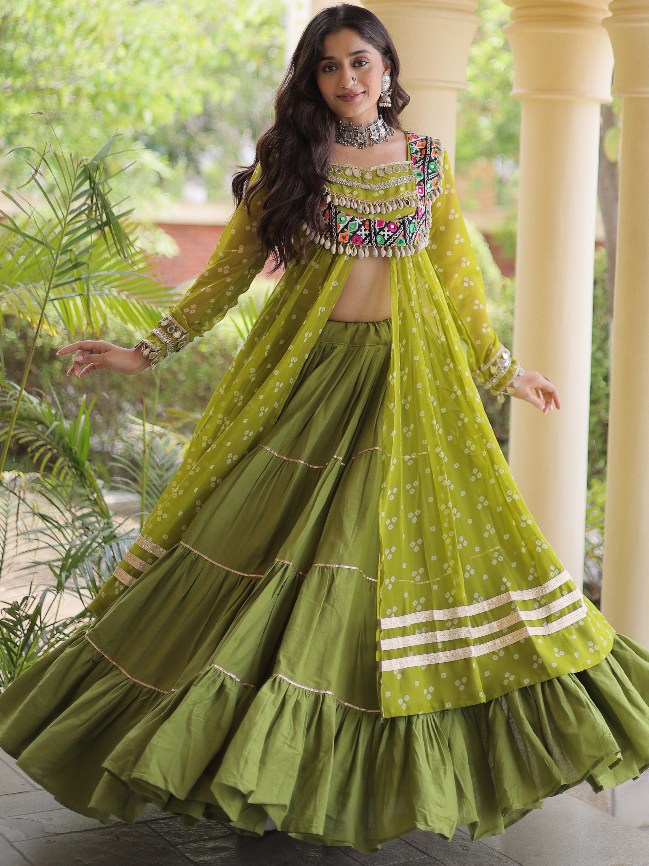 Glorious Olive Green Patch Work Cotton Navratri Wear Lehenga With Kurti