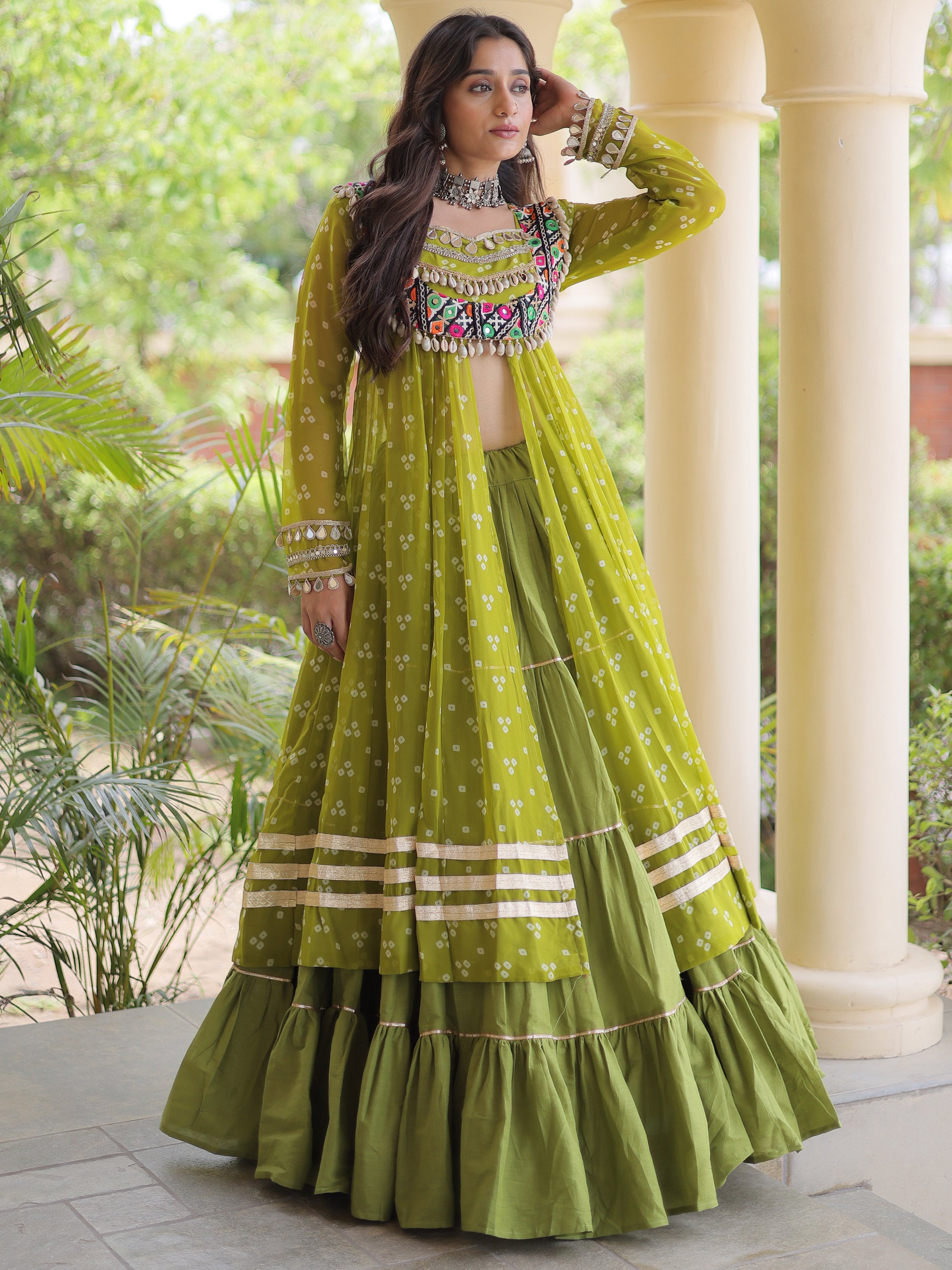 Glorious Olive Green Patch Work Cotton Navratri Wear Lehenga With Kurti