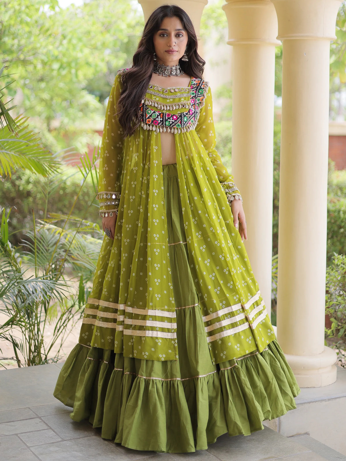 Glorious Olive Green Patch Work Cotton Navratri Wear Lehenga With Kurti