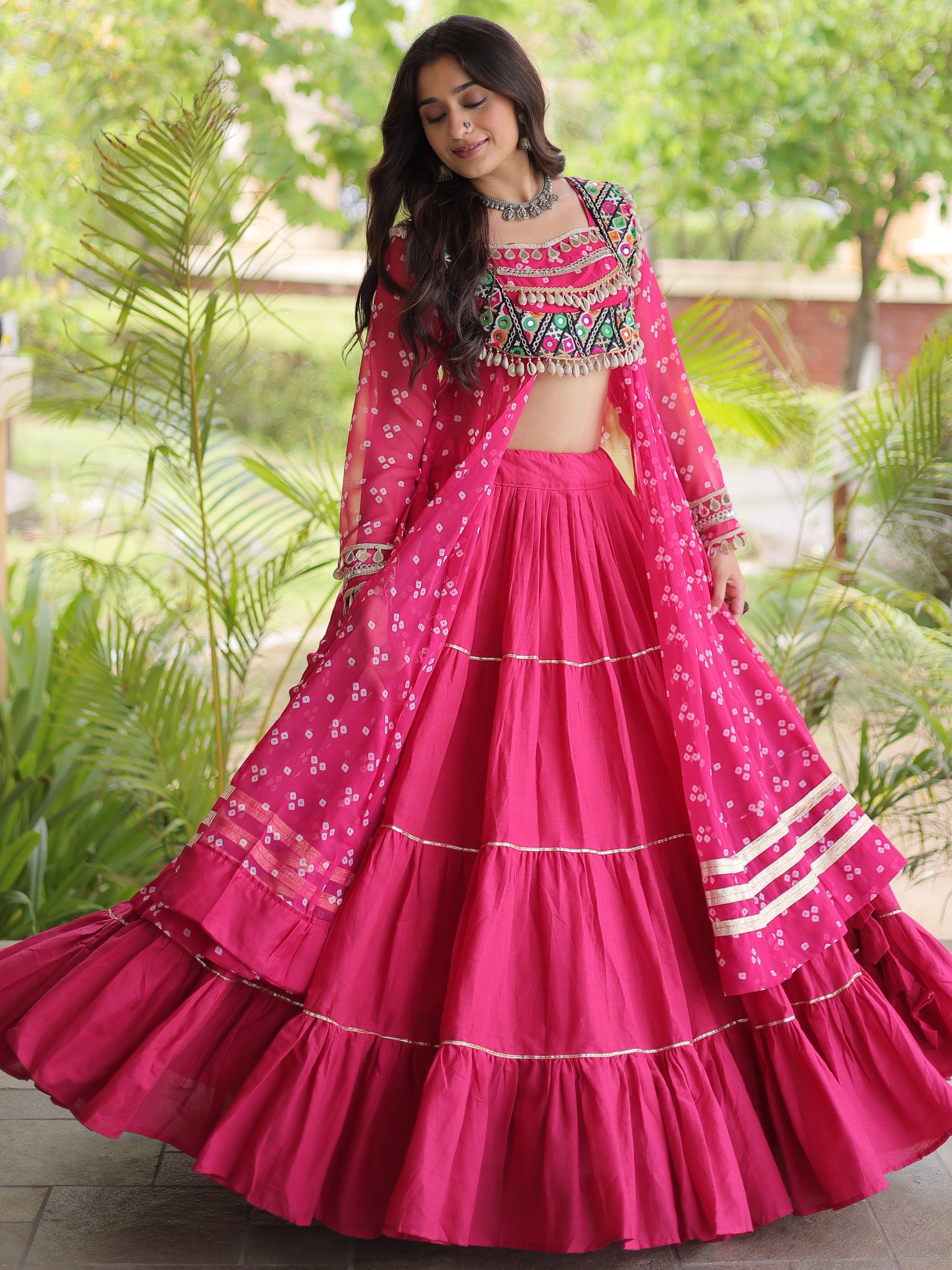 Pretty Hot Pink Bandhani Printed Cotton Navratri Wear Lehenga With Kurti