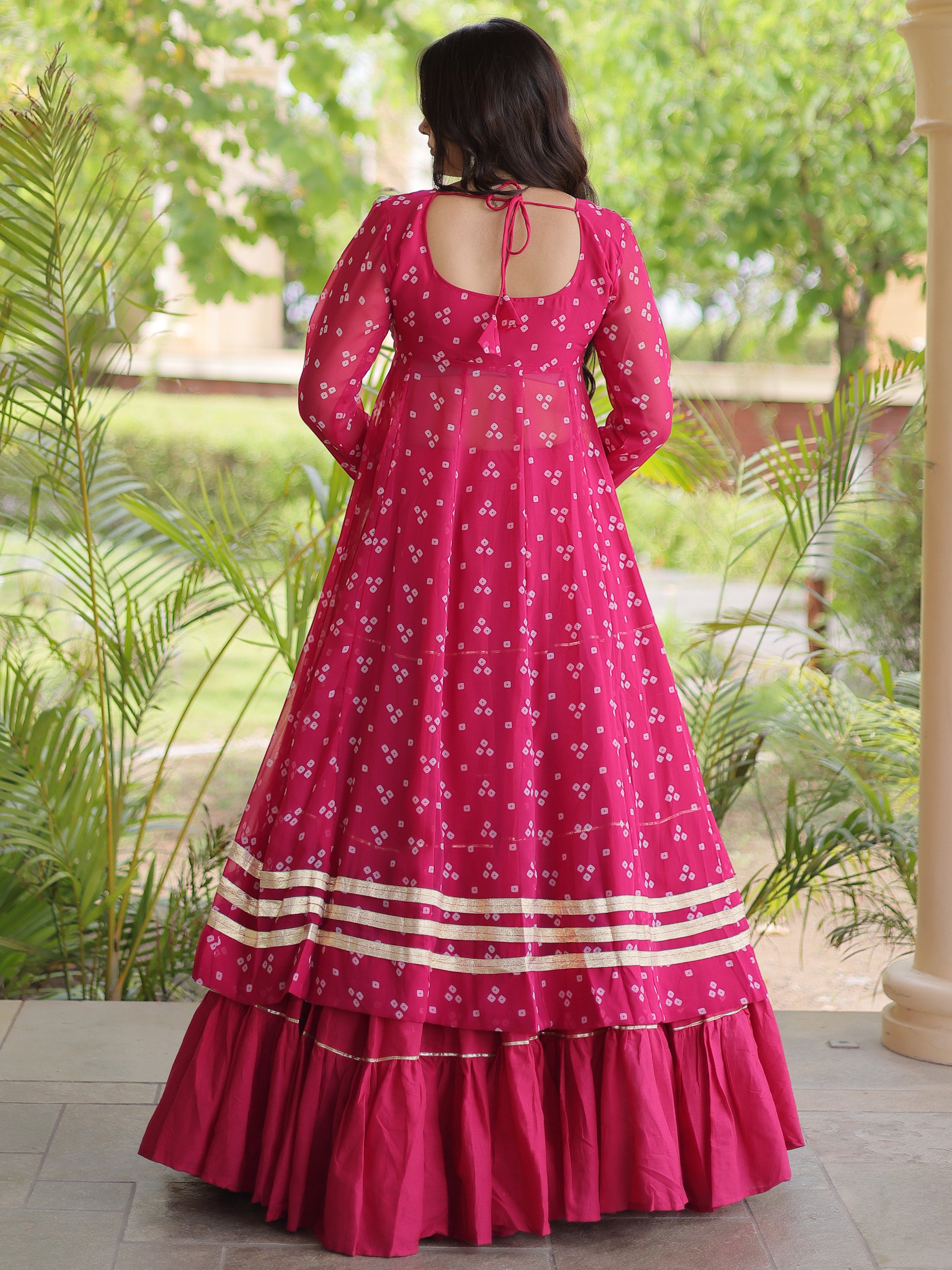 Pretty Hot Pink Bandhani Printed Cotton Navratri Wear Lehenga With Kurti