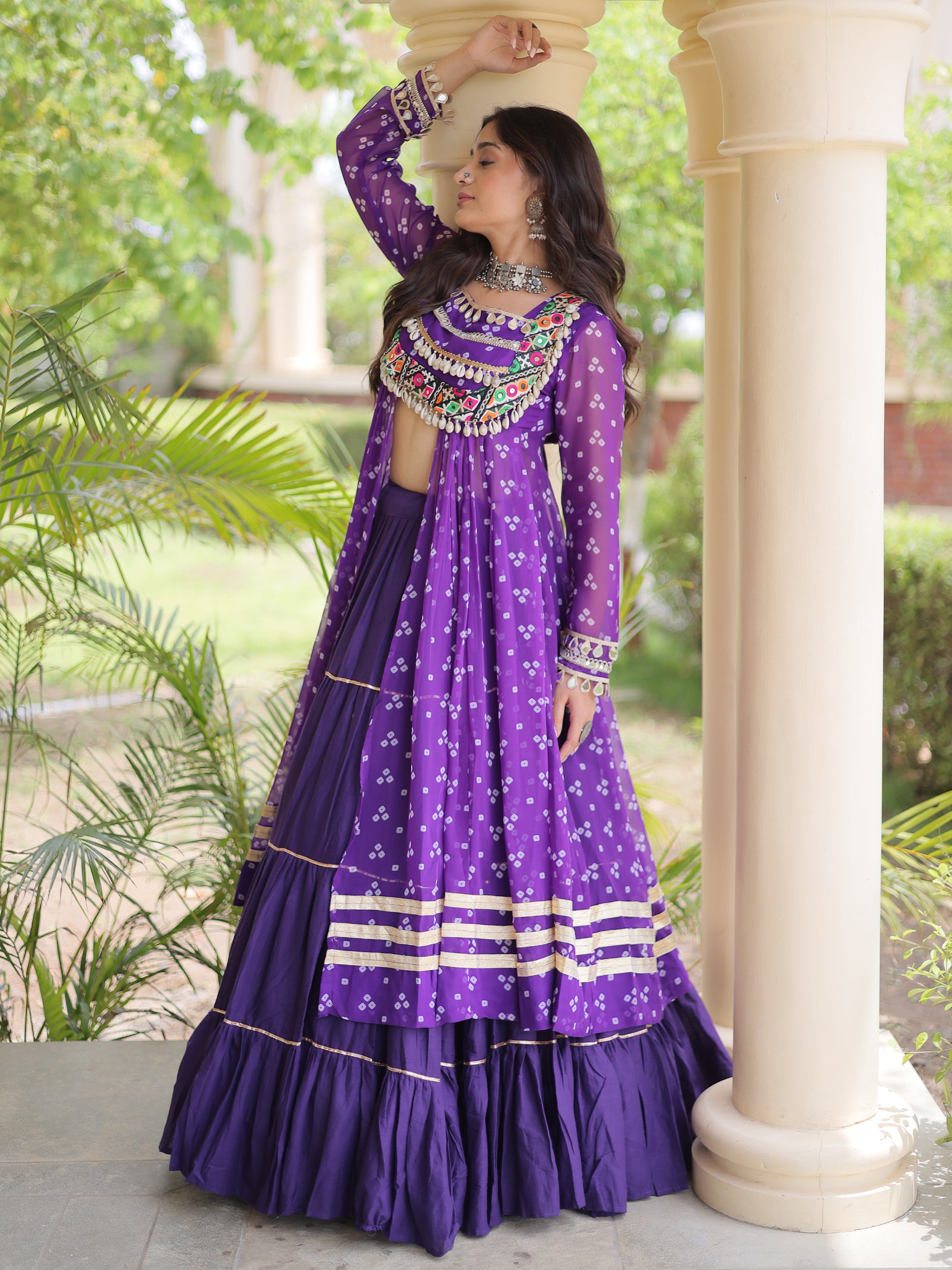 Awesome Purple Bandhni Printed Cotton Navratri Wear Lehenga And Kurti Set