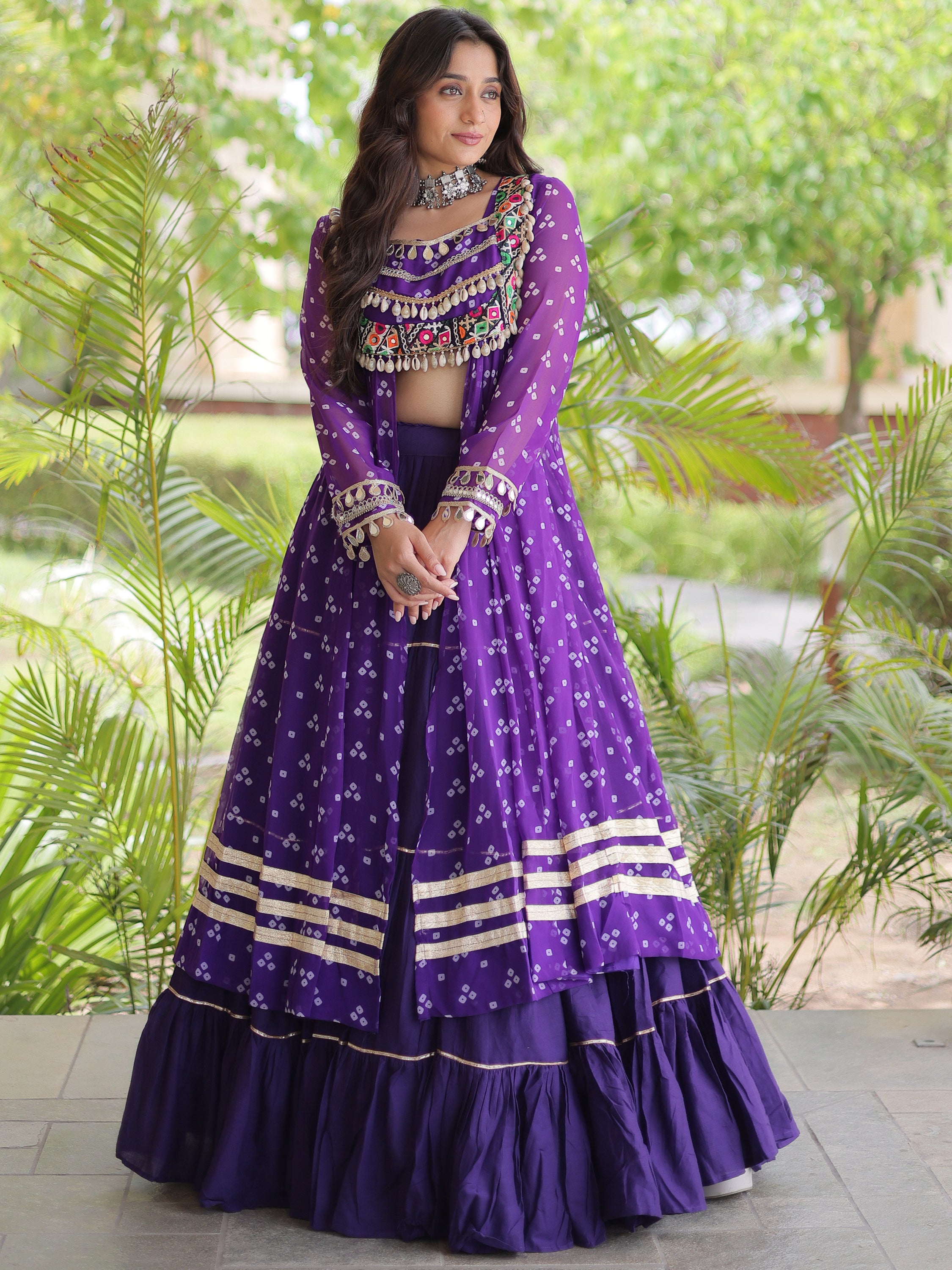 Awesome Purple Bandhni Printed Cotton Navratri Wear Lehenga And Kurti Set