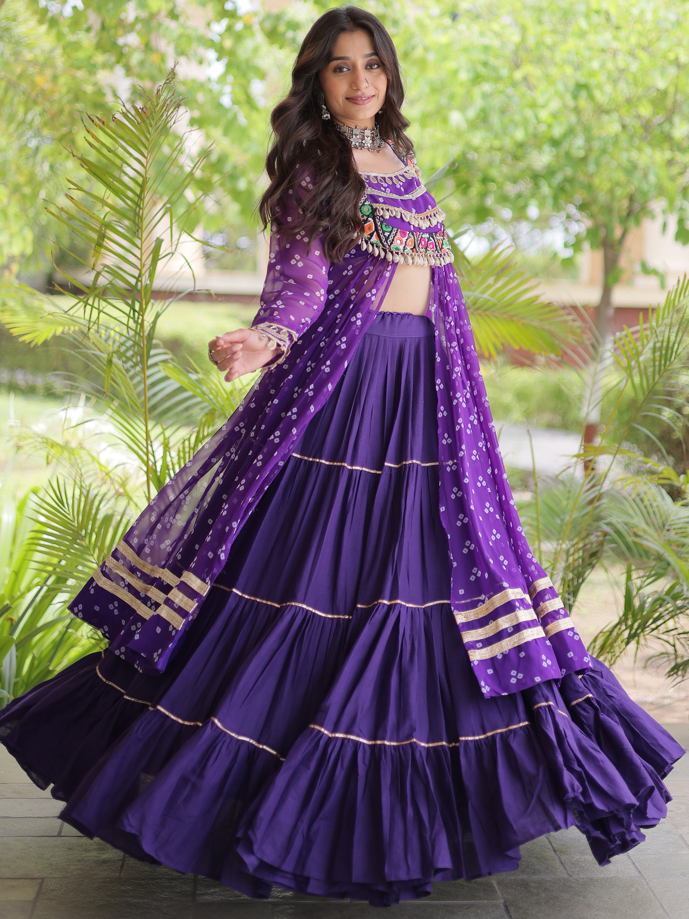 Awesome Purple Bandhni Printed Cotton Navratri Wear Lehenga And Kurti Set