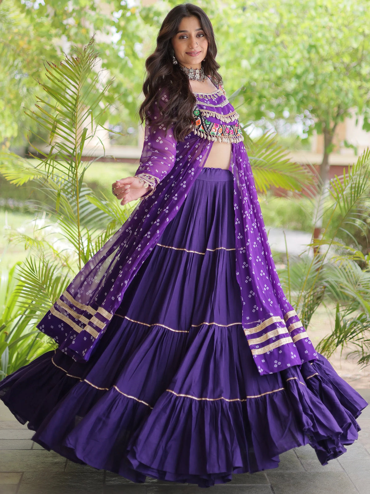 Awesome Purple Bandhni Printed Cotton Navratri Wear Lehenga And Kurti Set