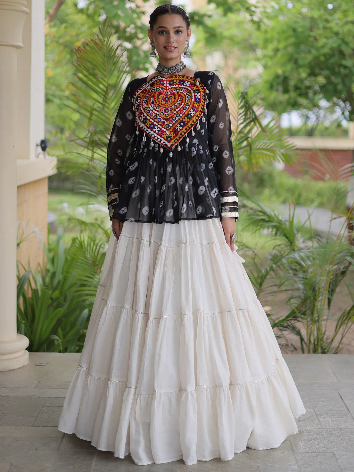 Classy Black Cotton Navratri Lehenga With Bandhani Printed Peplum Top