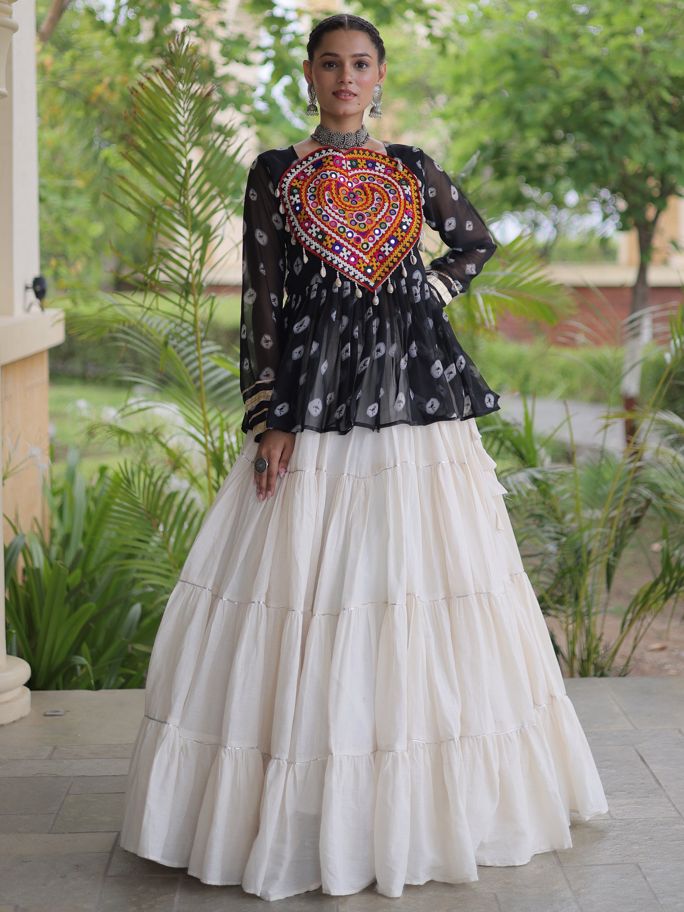 Classy Black Cotton Navratri Lehenga With Bandhani Printed Peplum Top