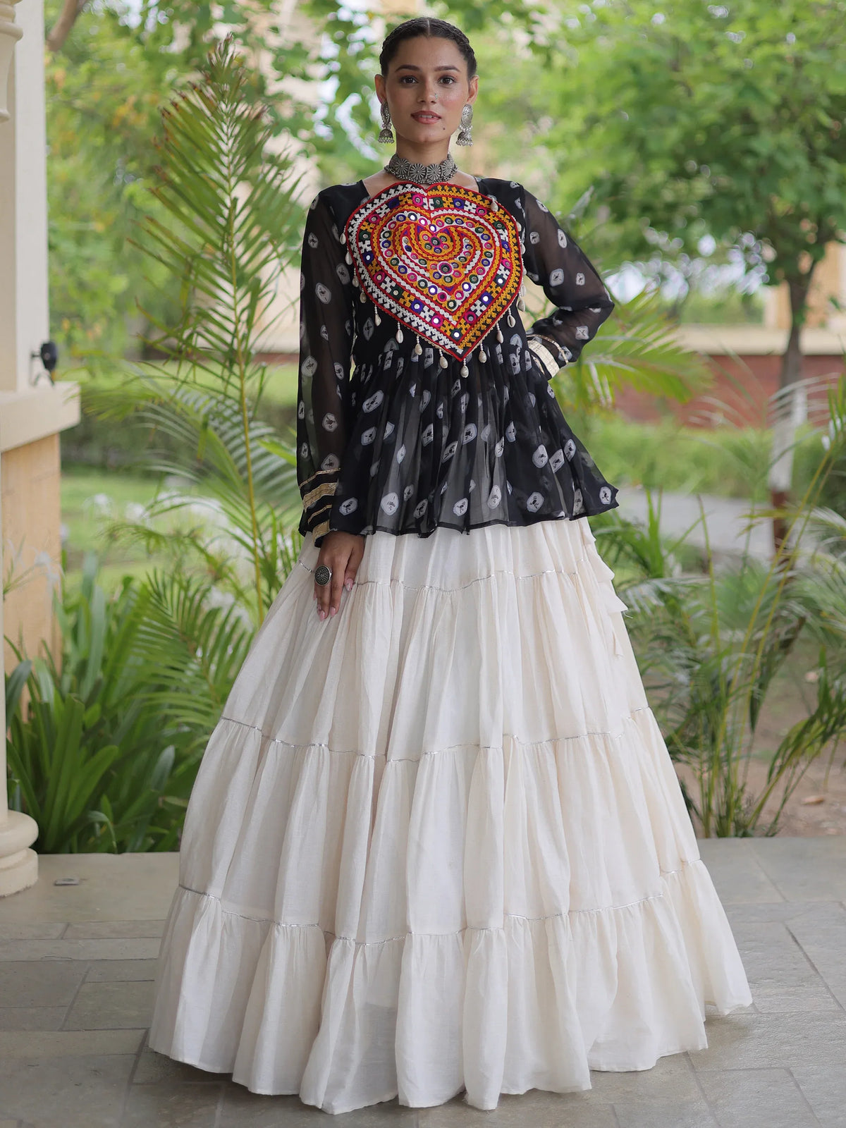 Classy Black Cotton Navratri Lehenga With Bandhani Printed Peplum Top