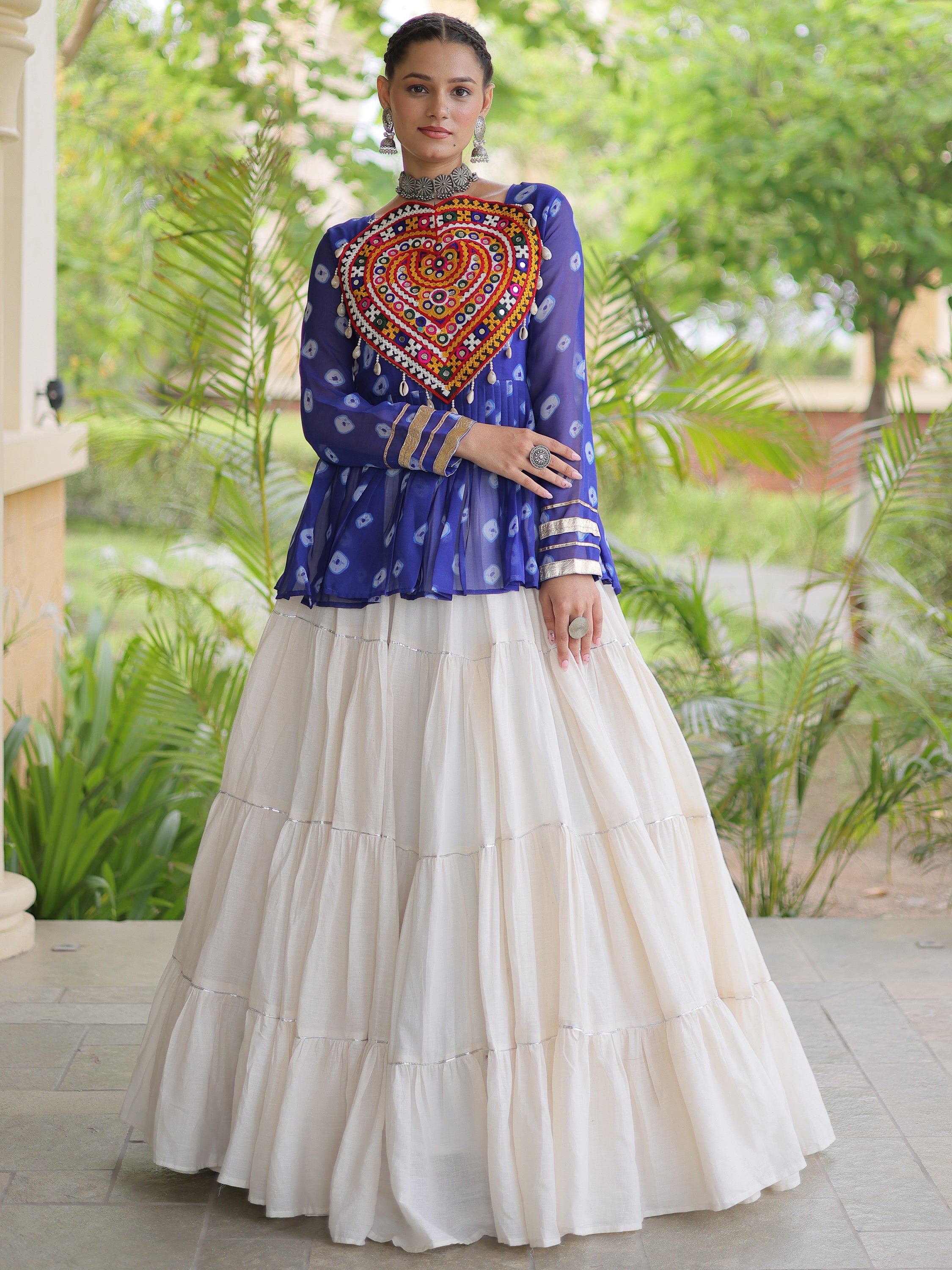 Rich Royal Blue Cotton Navratri Wear Lehenga With Patch Work Peplum Top