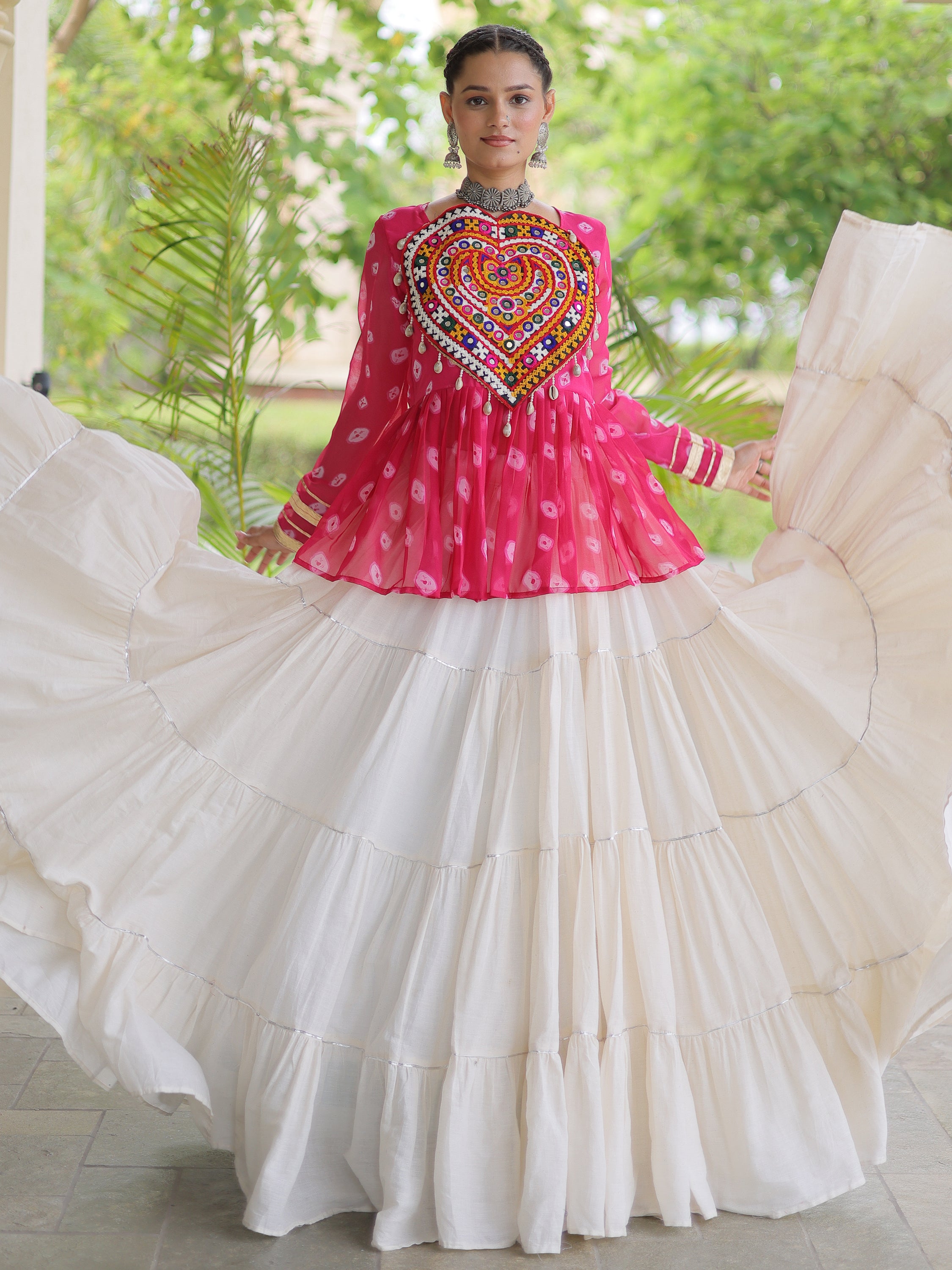 Lovable Rani Pink Cotton Navratri Wear Lehenga With Printed Peplum Top