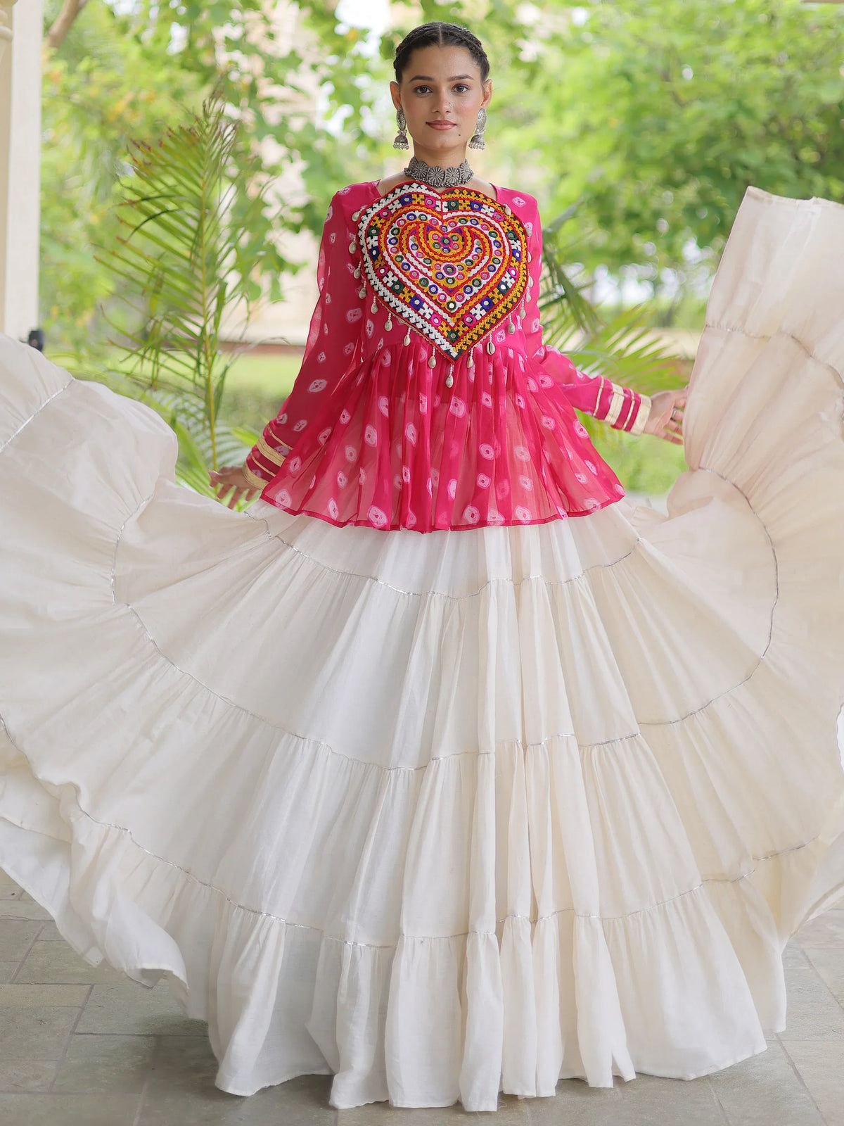 Lovable Rani Pink Cotton Navratri Wear Lehenga With Printed Peplum Top