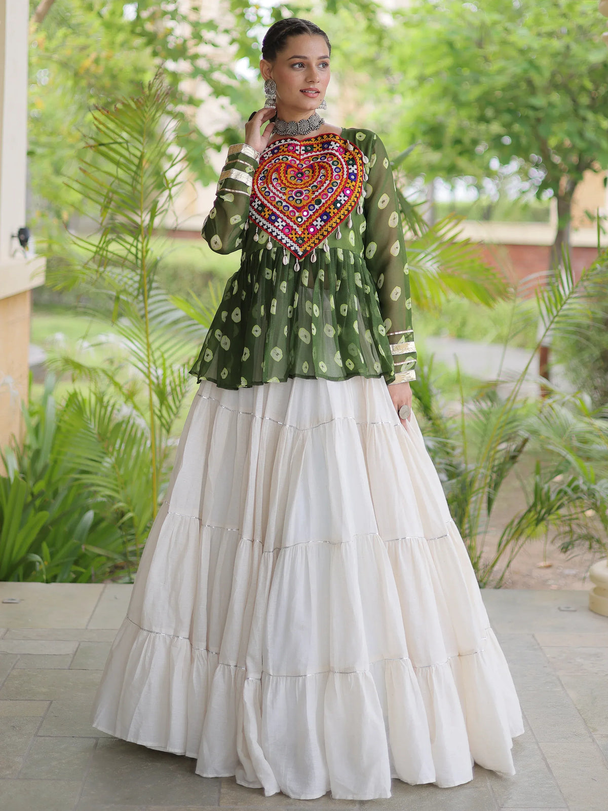 Attractive Green Cotton Navratri Lehenga With Patch Work Peplum Top