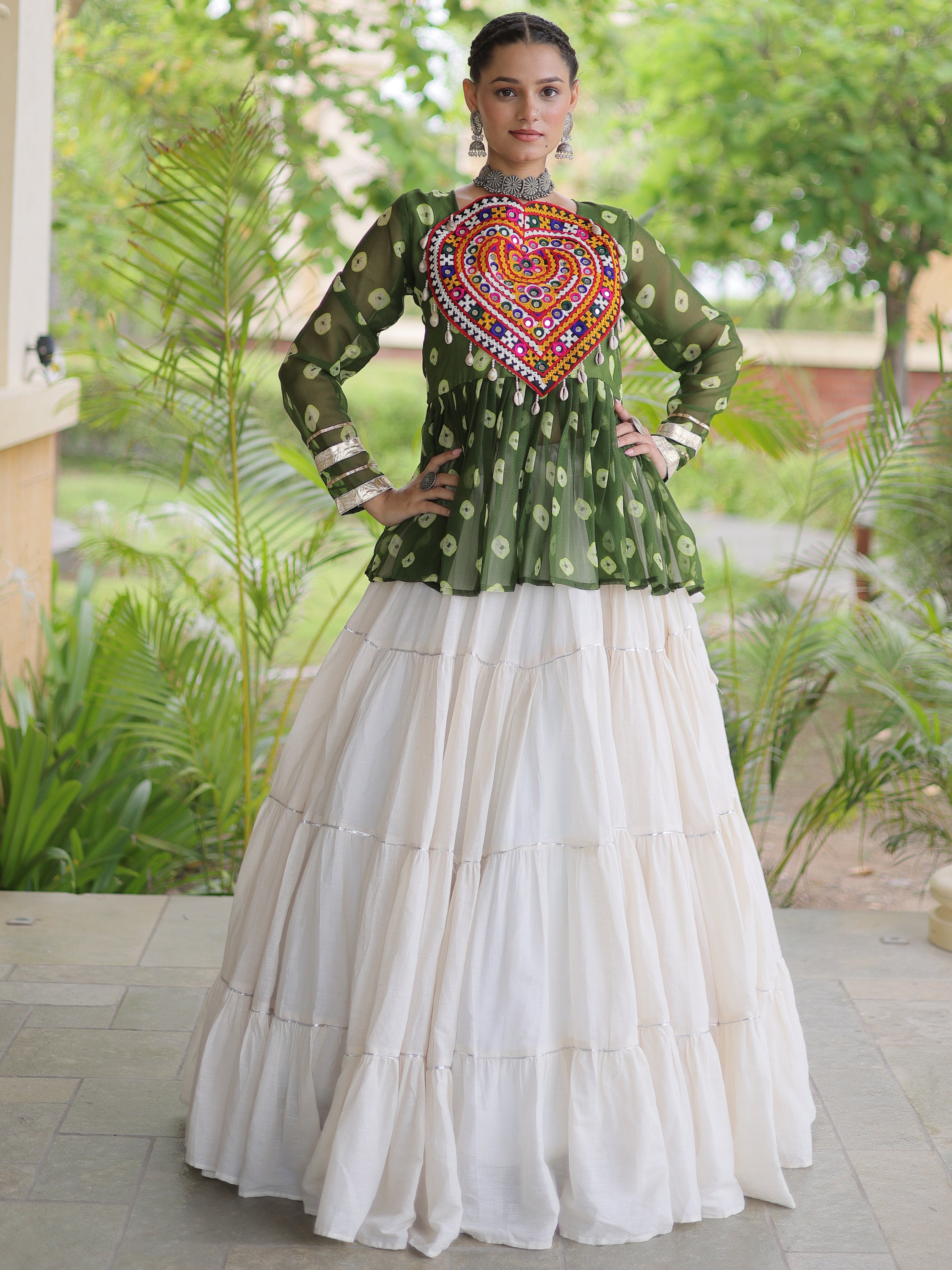 Attractive Green Cotton Navratri Lehenga With Patch Work Peplum Top