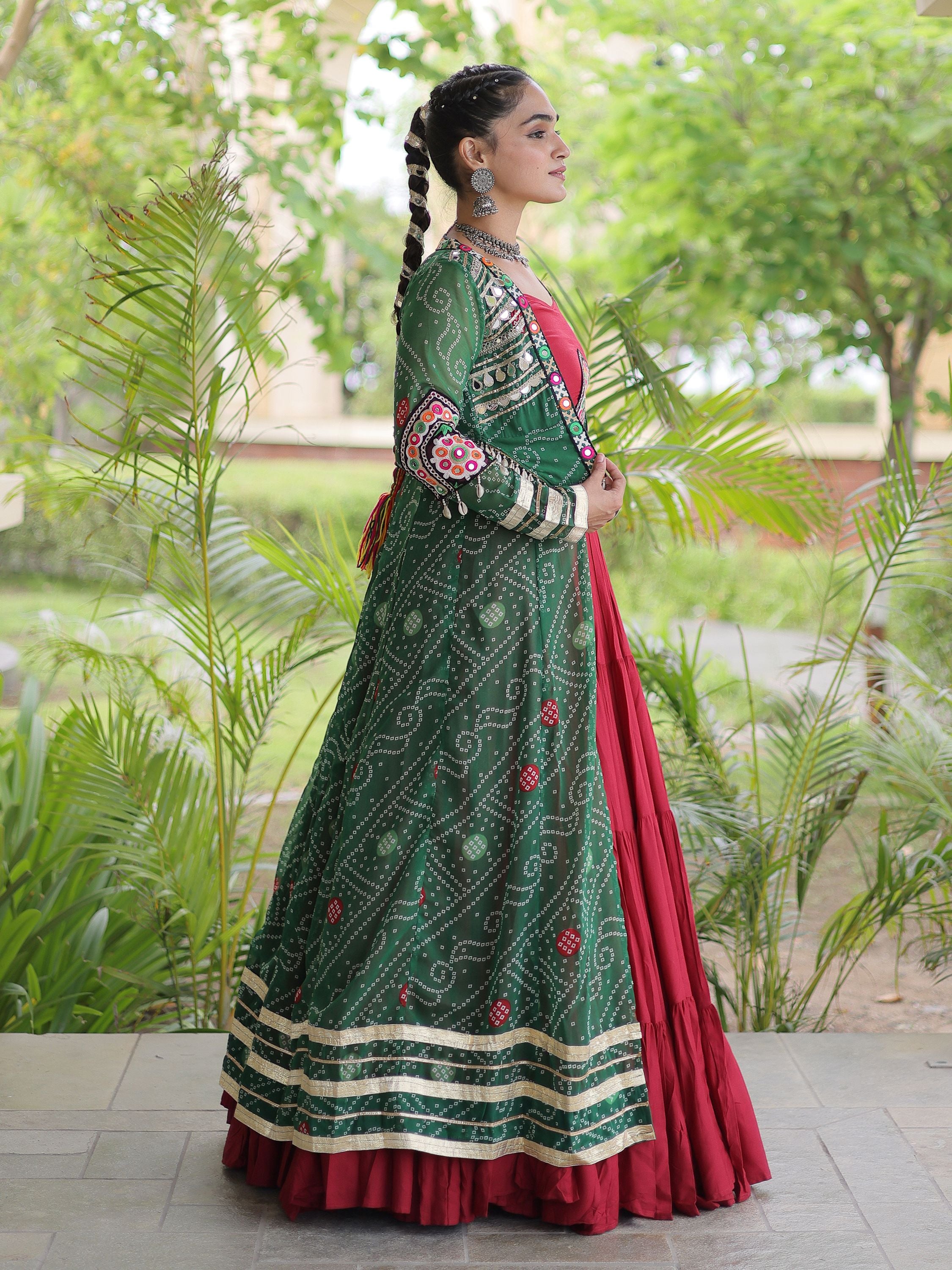 Awesome Green Rayon Navratri Lehenga Choli With Patch Work Shrug
