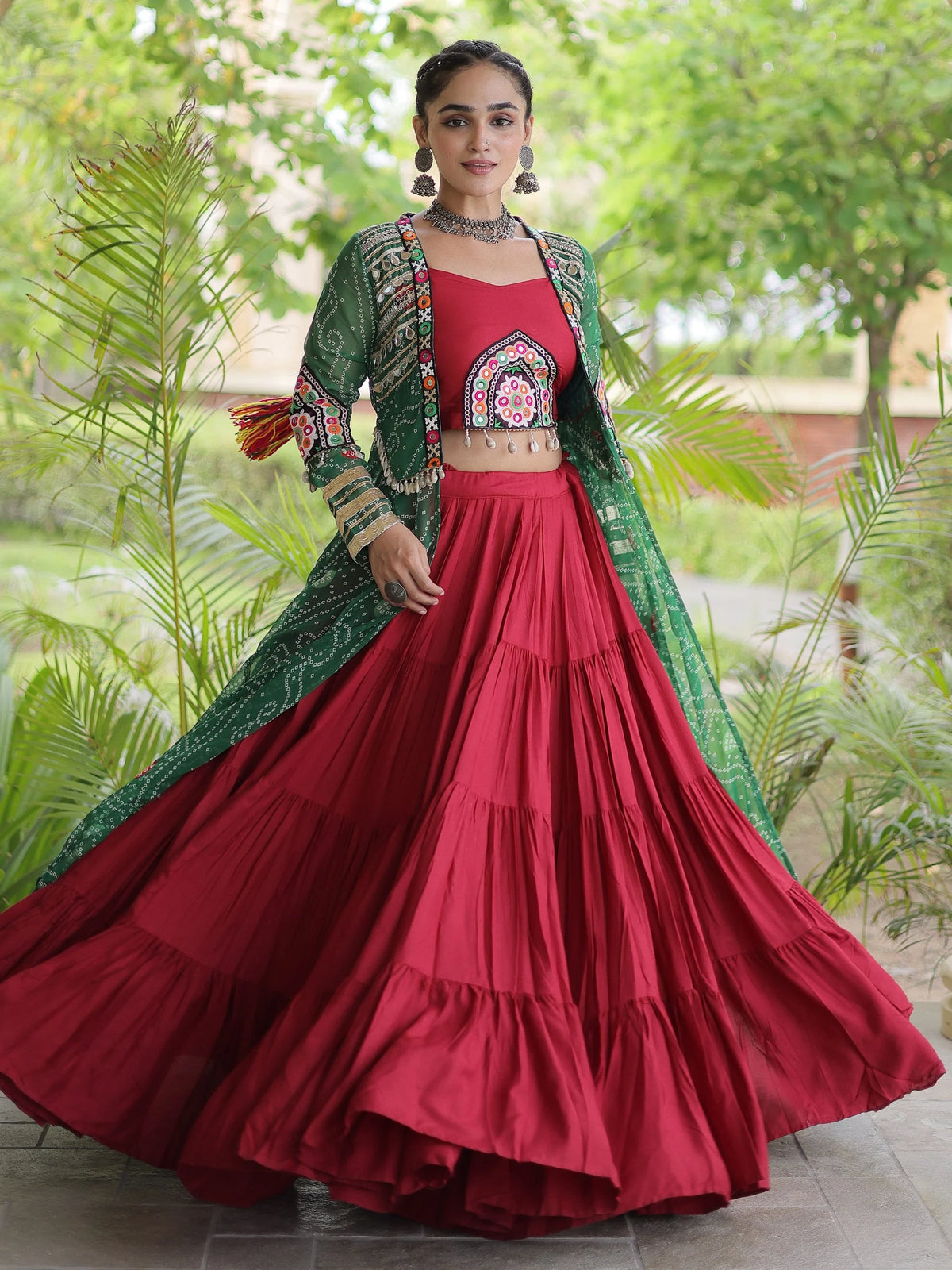 Awesome Green Rayon Navratri Lehenga Choli With Patch Work Shrug