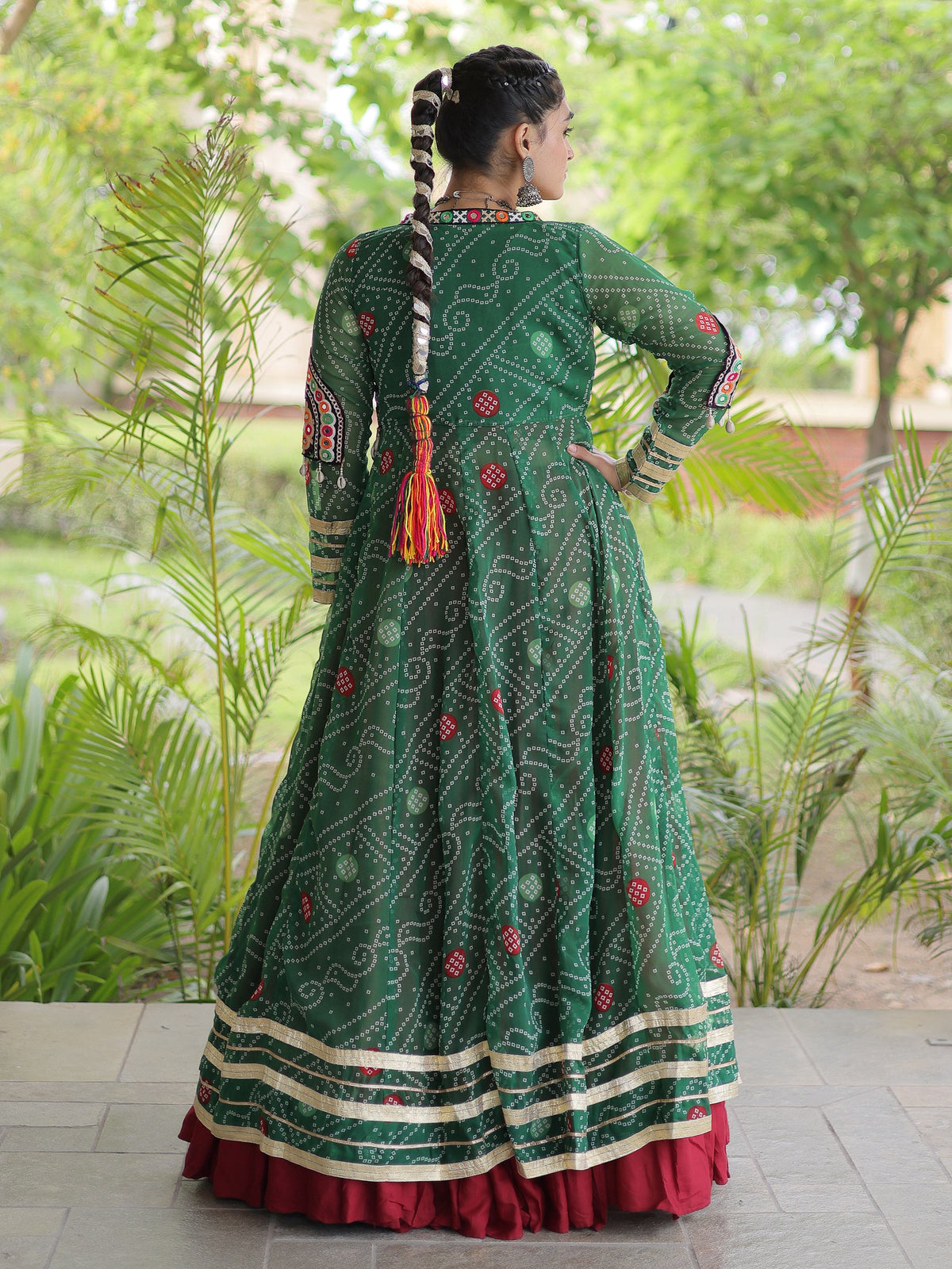 Awesome Green Rayon Navratri Lehenga Choli With Patch Work Shrug