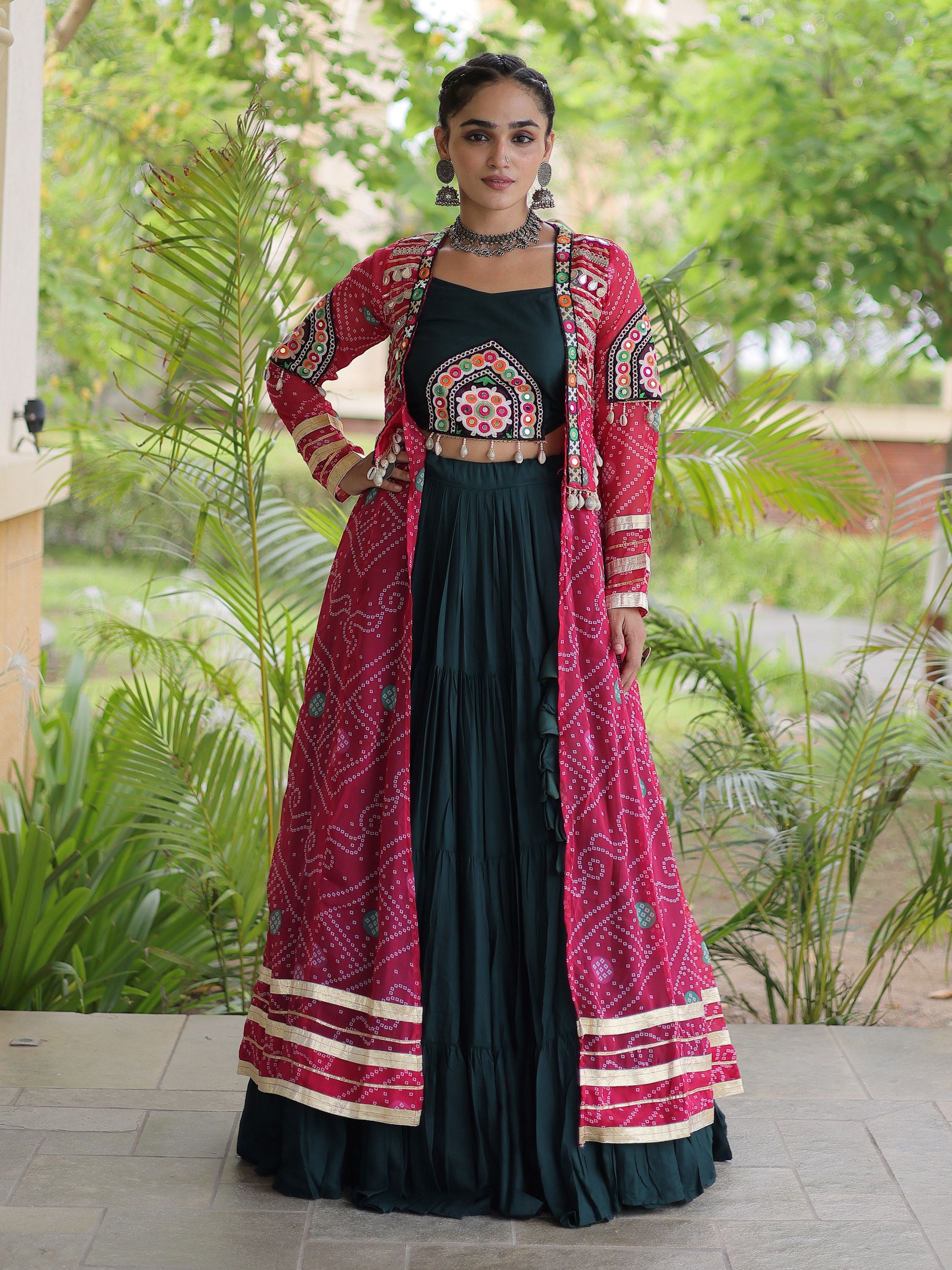 Majestic Pink Bandhni Printed Rayon Navratri Lehenga Choli With Shrug