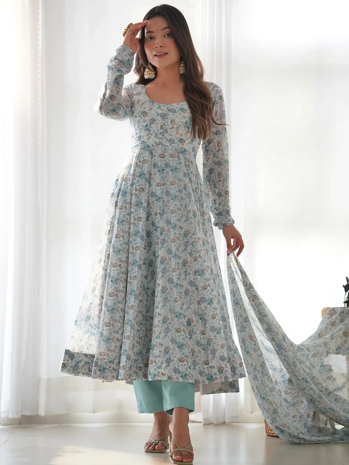 Floral print ethnic gown with long sleeves and mint palazzo pants, perfect for Indian occasions