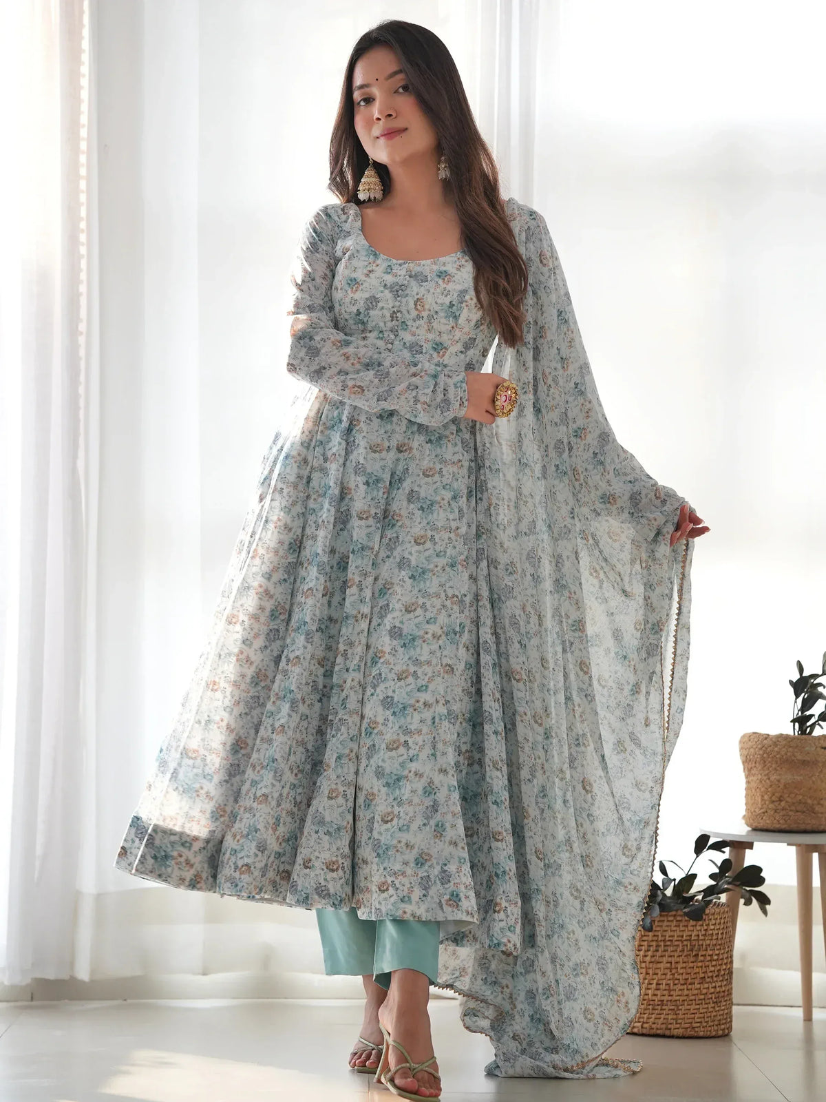 Floral print anarkali suit with cape, Indian ethnic wear for women