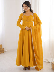 Precious Yellow Lace Work Georgette Haldi Wear Gown With Dupatta