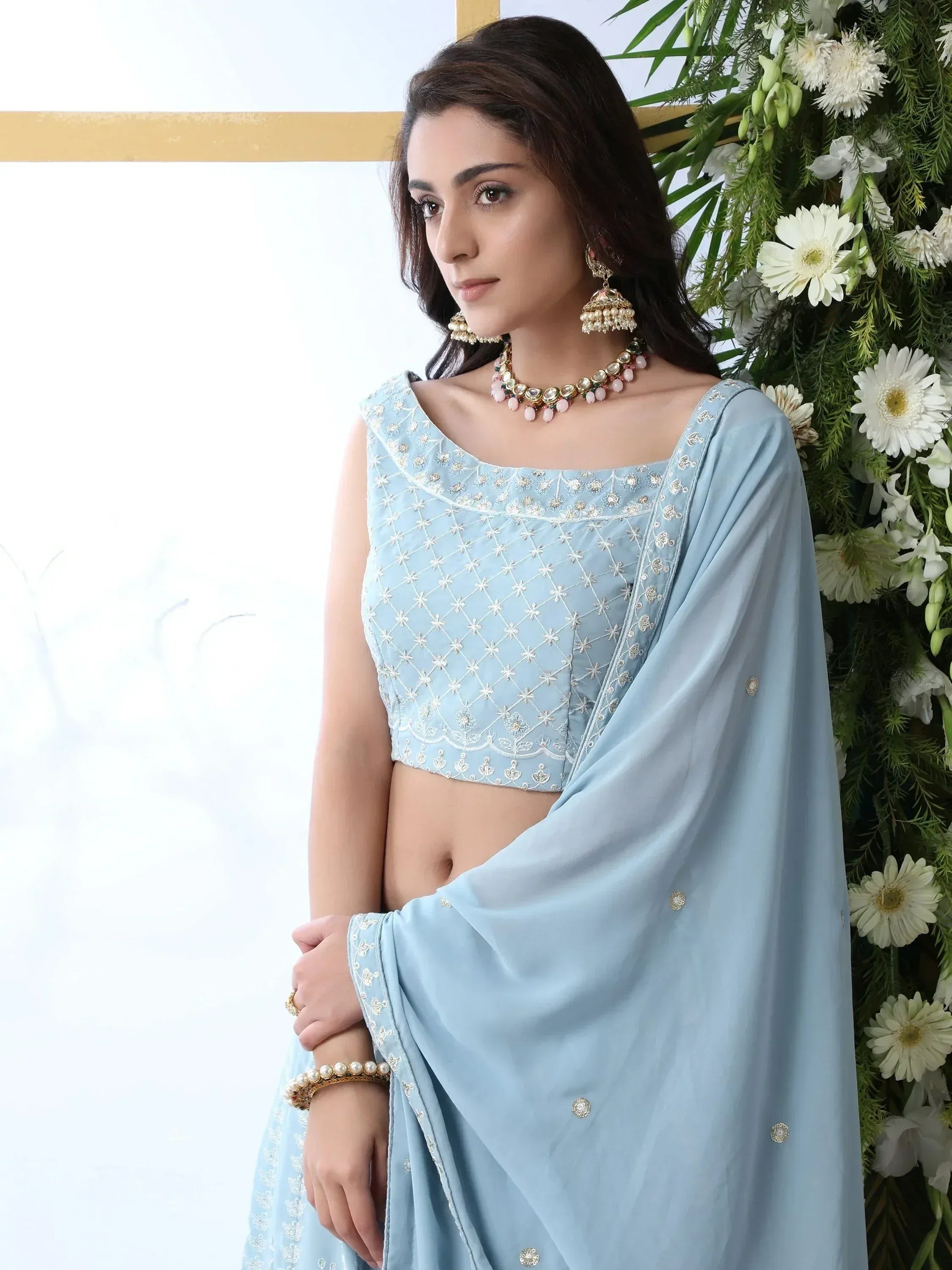 Light blue embroidered lehenga choli with dupatta, perfect for Indian ethnic wear occasions