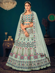 Pista Green Multi Thread Embroidered Georgette Wedding Wear Lehenga Choli