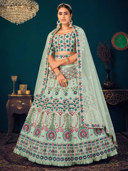 Pista Green Multi Thread Embroidered Georgette Wedding Wear Lehenga Choli