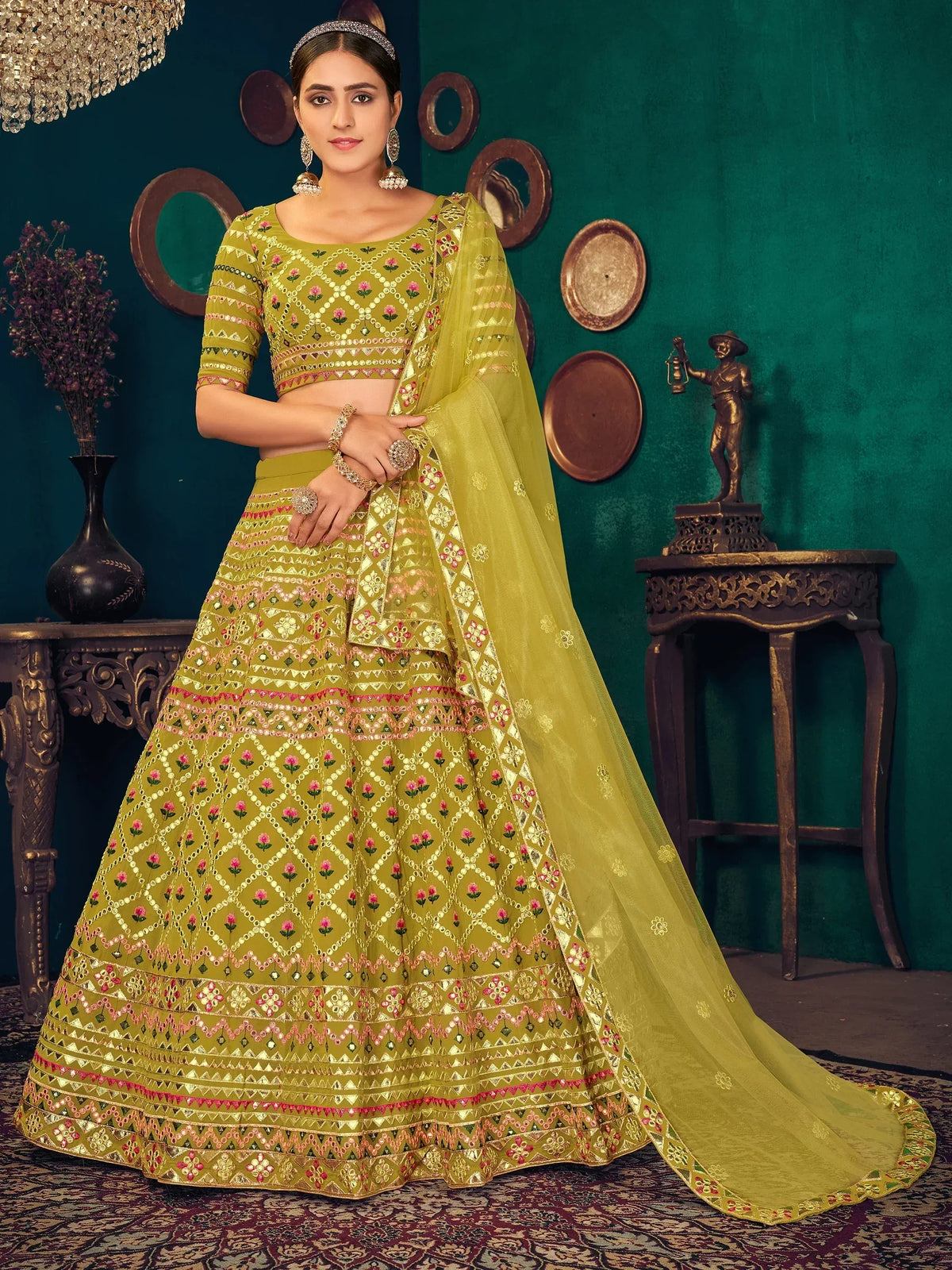 Olive green embroidered lehenga choli with floral motifs and dupatta, perfect for Indian ethnic wear occasions.