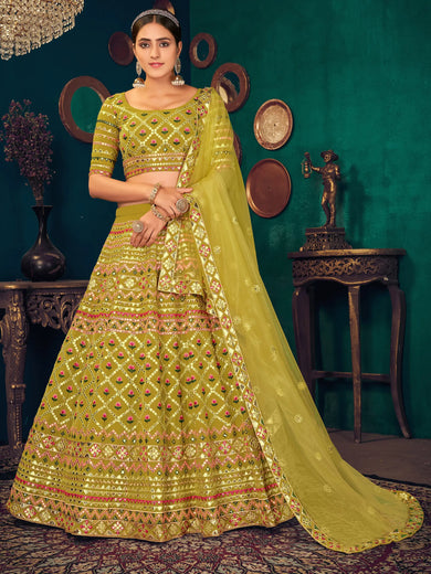 Lime Green Gotta Work Georgette Wedding Lehenga Choli