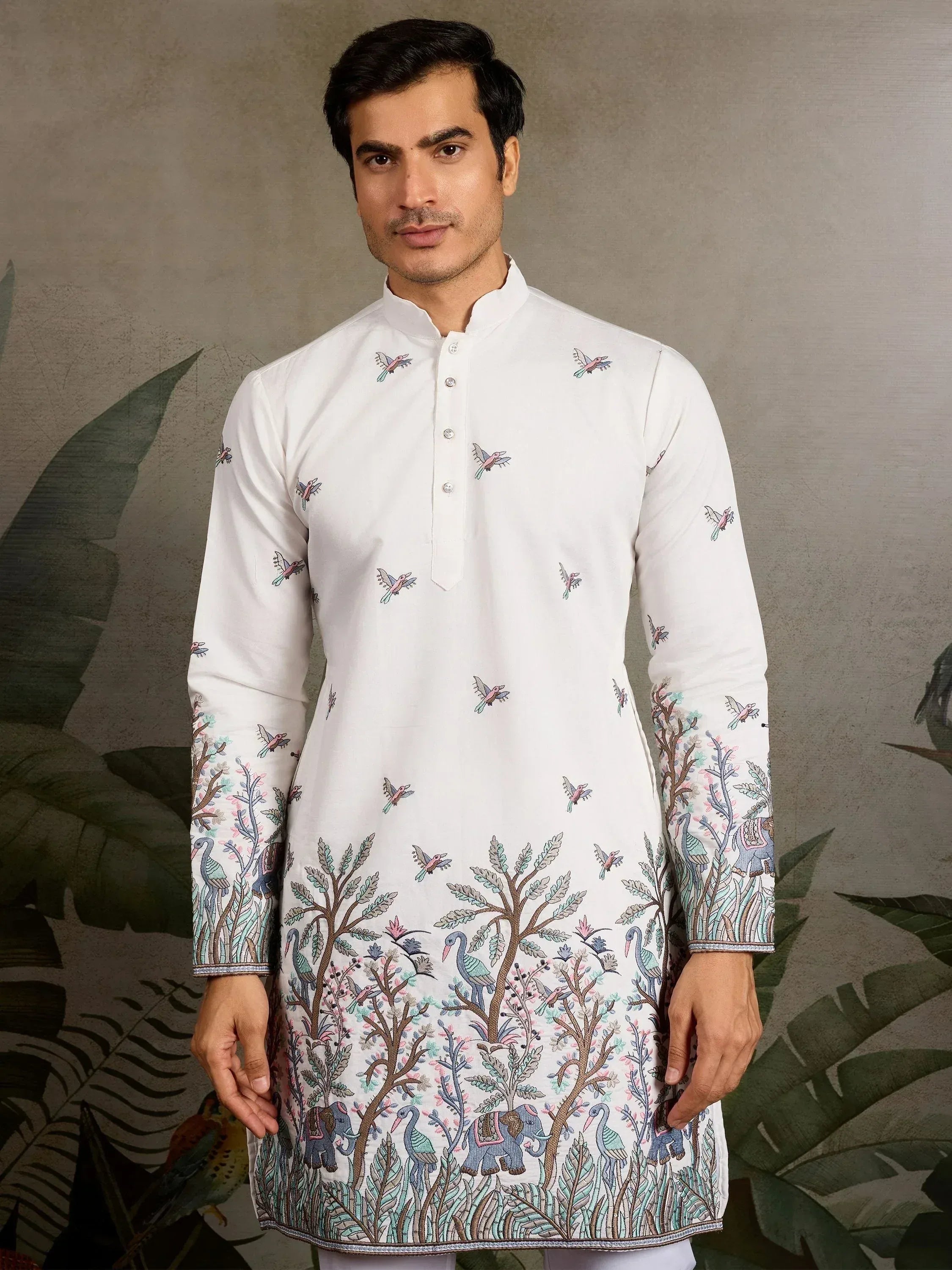 White men's kurta with colorful bird and elephant embroidery, Indian ethnic wear