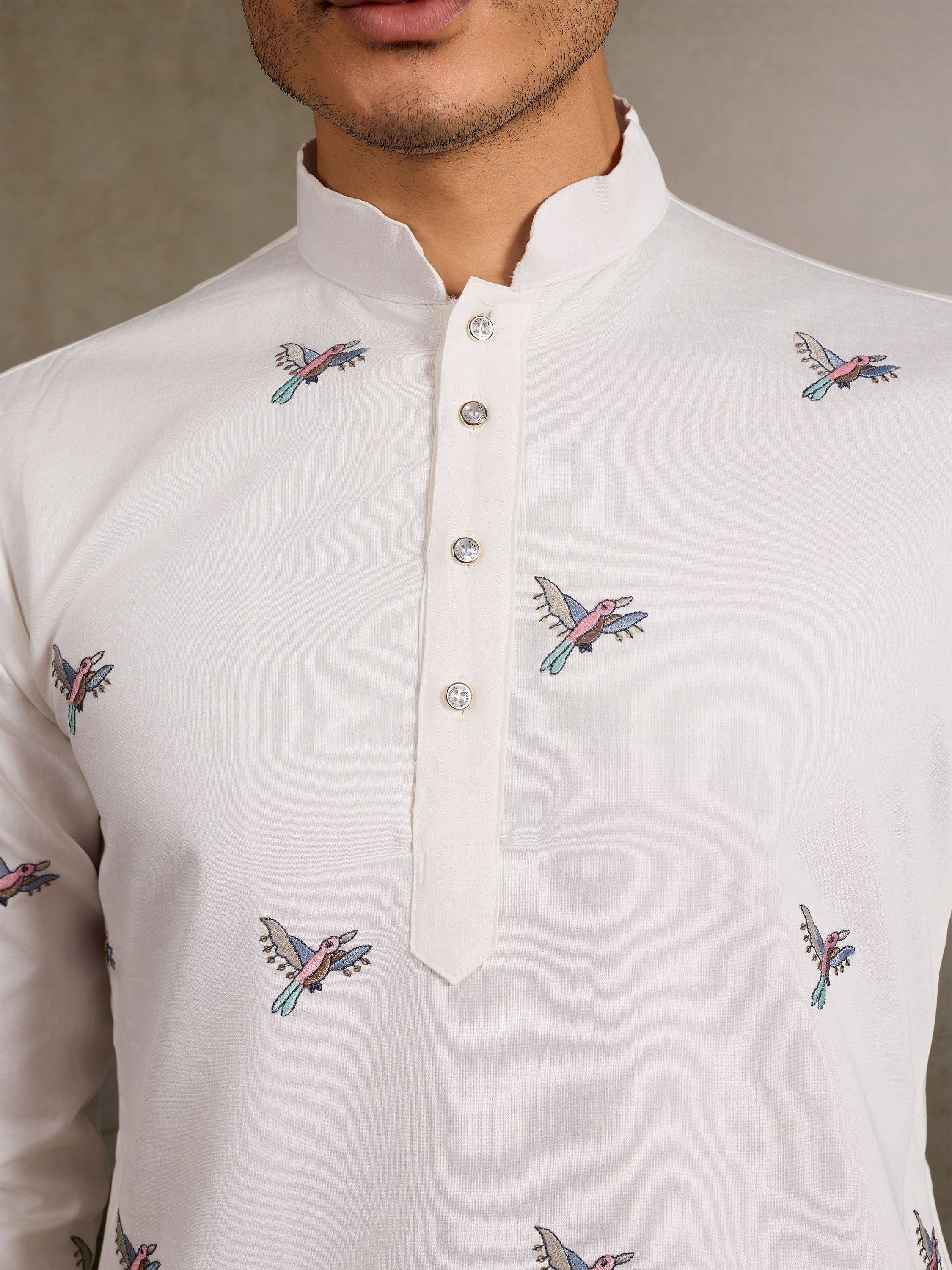 White kurta with colorful bird embroidery, ethnic wear for men