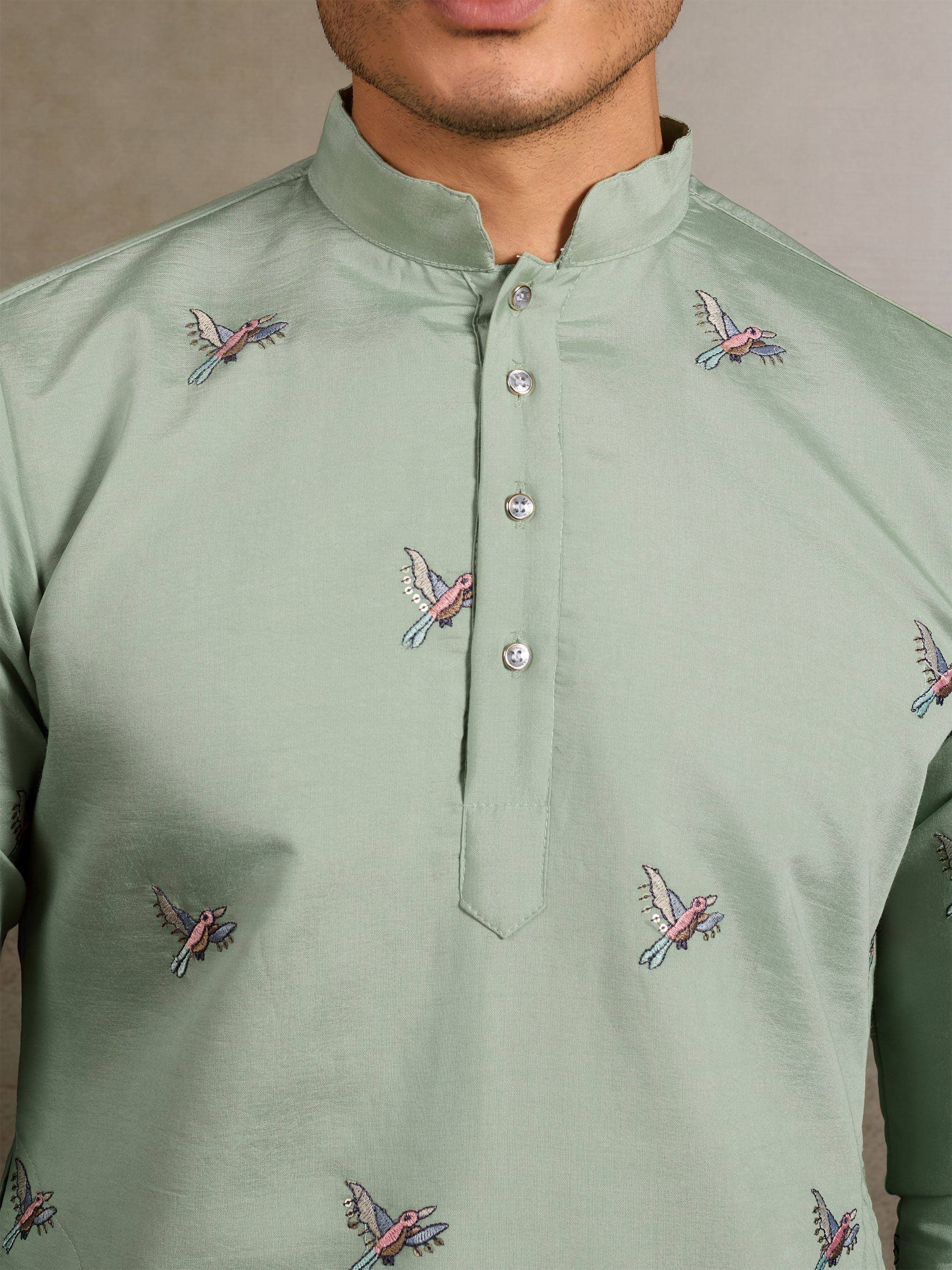 Mint green kurta with colorful bird embroidery, ethnic wear for men