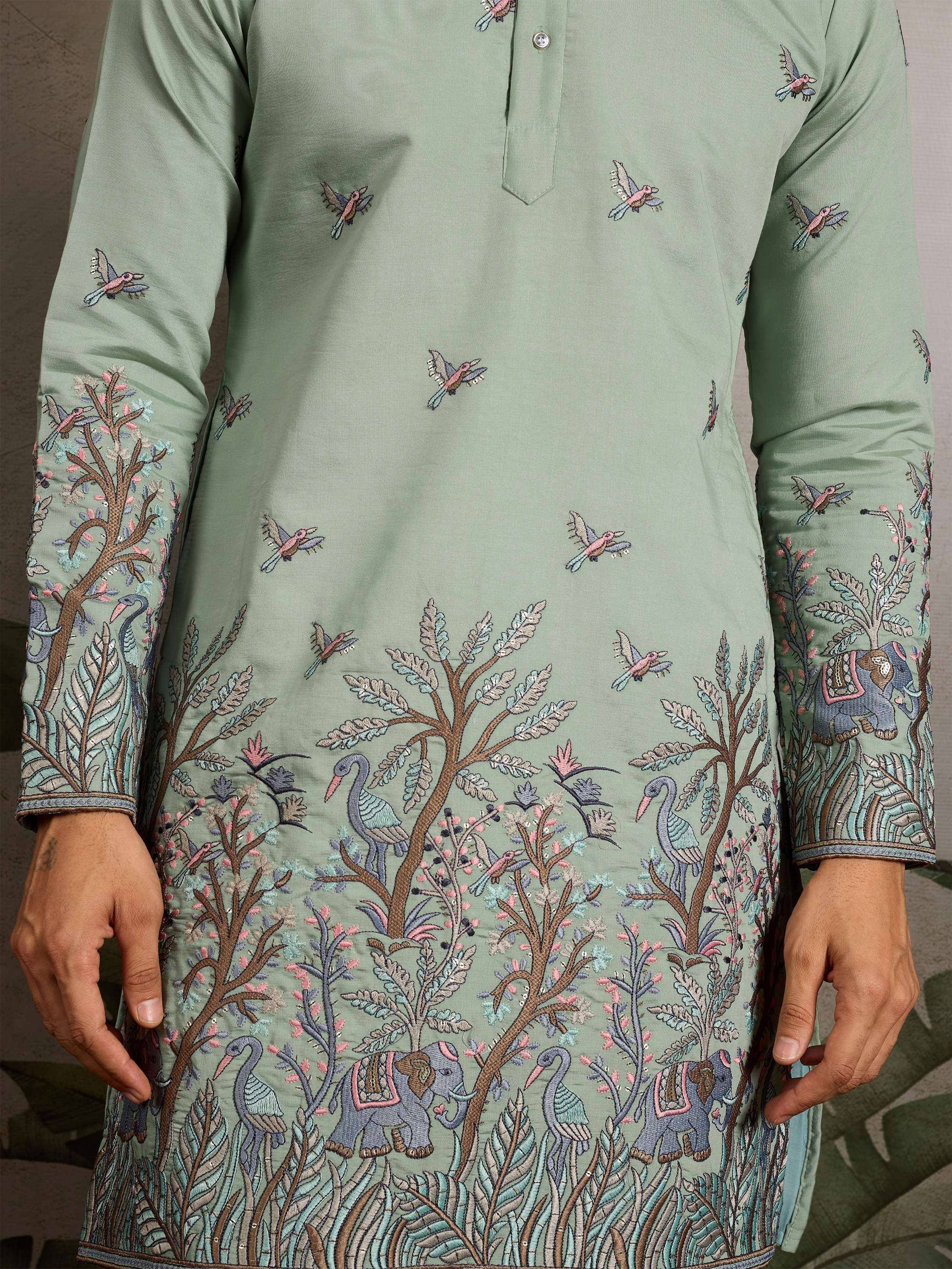 Mint green ethnic kurta with bird, elephant & tree embroidery for women