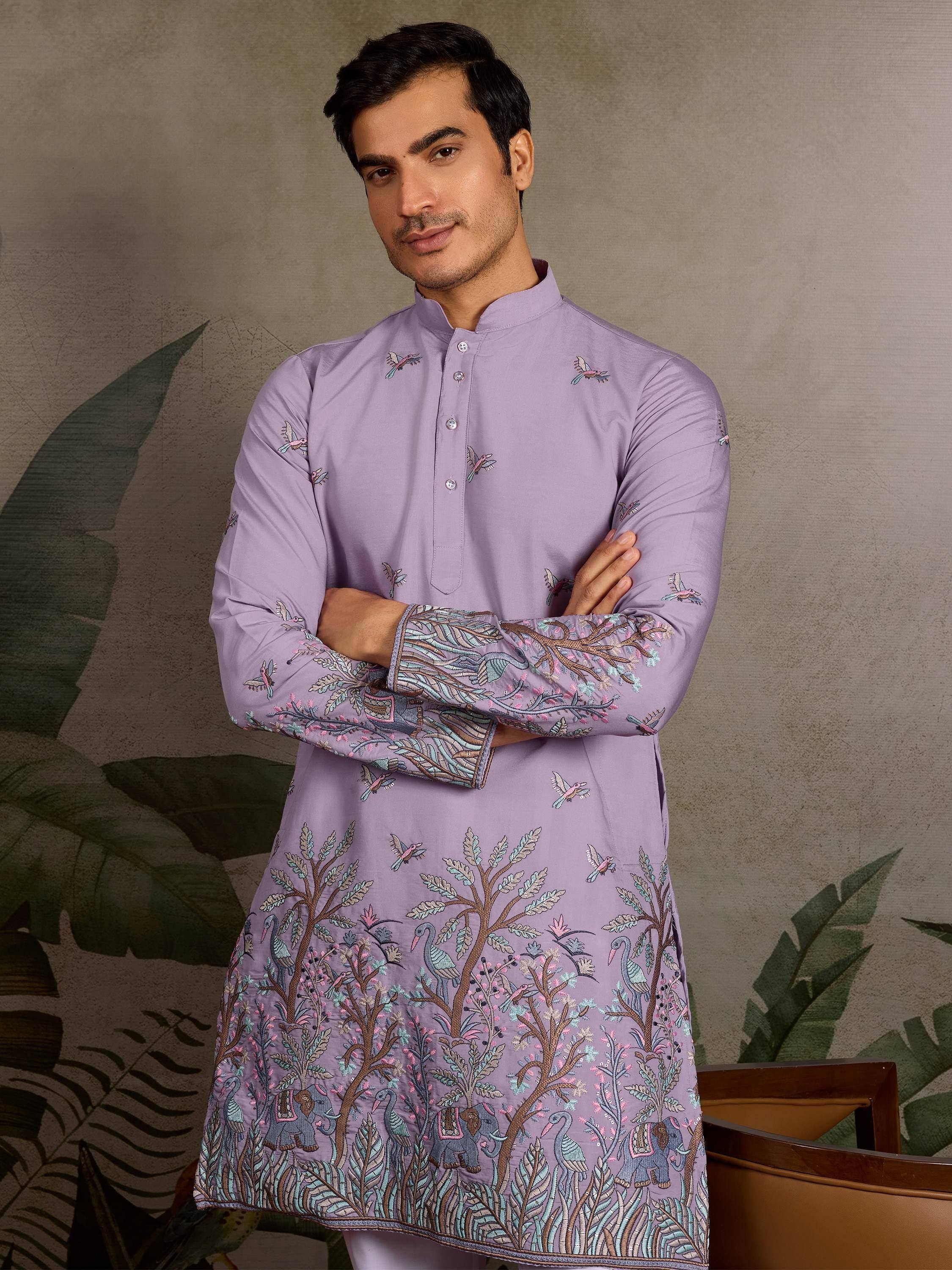 Men's lavender kurta with bird and elephant embroidery, ethnic wear for festive occasions
