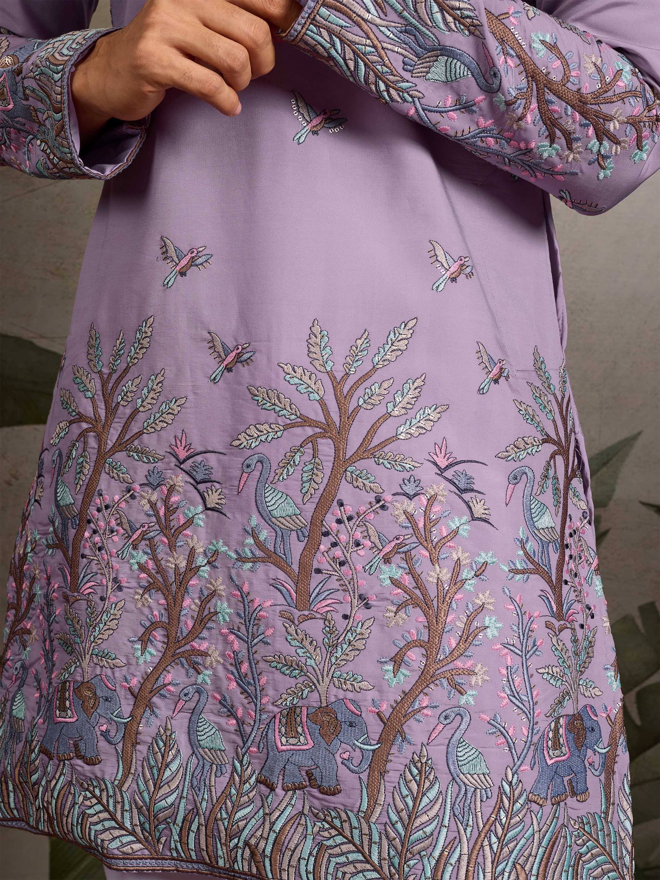 Lavender ethnic kurta with intricate bird, tree, and elephant embroidery for women's festive wear